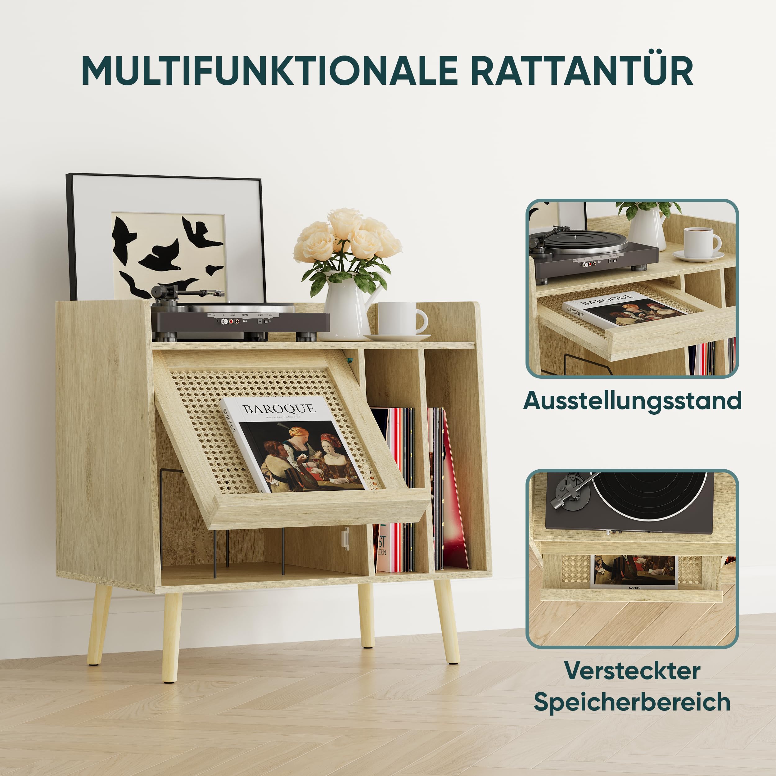 Semiocthome Plattenspieler-Tisch mit Vinyl-Aufbewahrungsfunktion, Schallplattenständer mit Rattan-Schranktüren und Massivholz-Tischbeinen, geeignet für Plattenspieler. (klein)