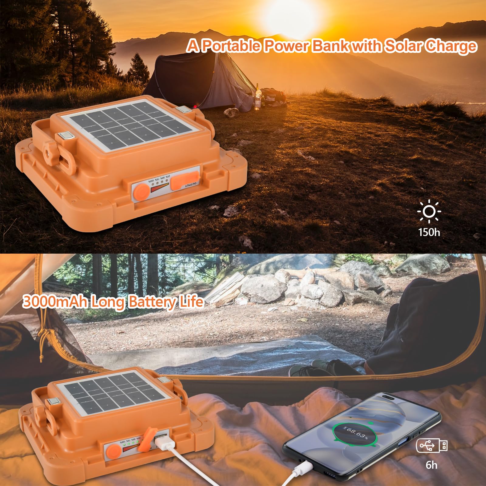 Led-bouwlamp, oplaadbaar op zonne-energie, accu-werklamp, draagbare campinglamp met 16500 mAh powerbank, 10.000 lumen, voor bouwplaats, garage (oranje-mini