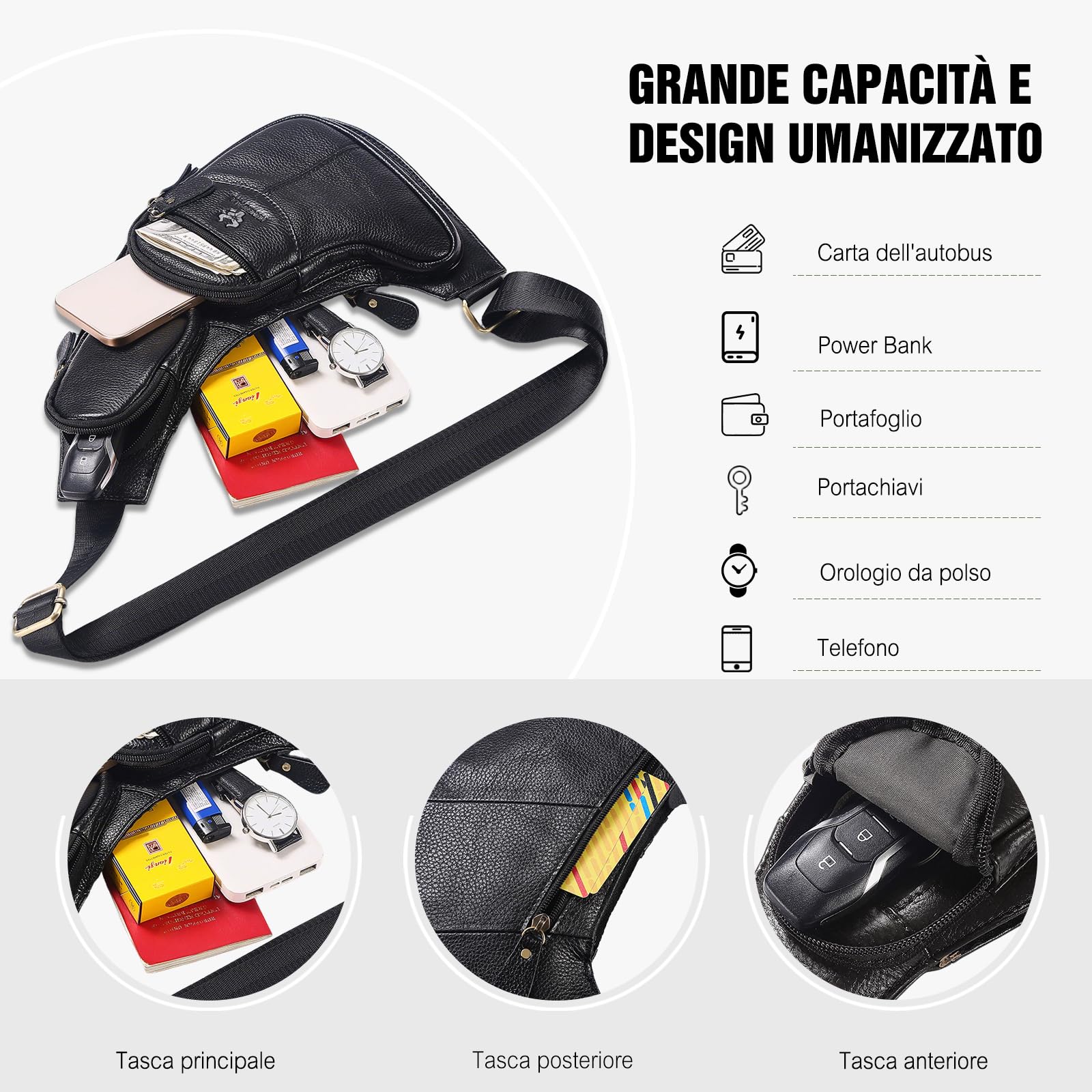 FANDARE Uomo Zaino Monospalla Borsa a tracolla in pelle Marsupio versatile da lavoro con tracolla regolabile, zainetto da viaggio impermeabile per uso quotidiano, piccola borsa laterale maschile