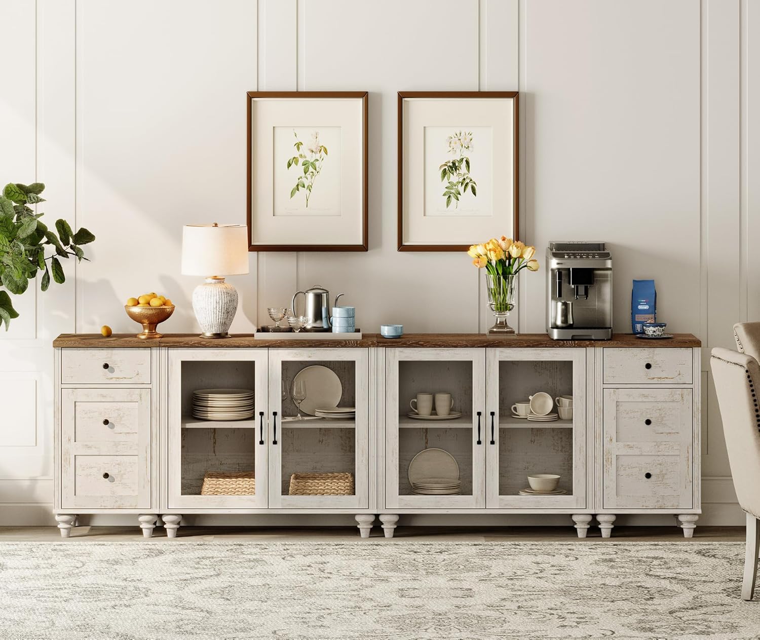 WAMPAT Sideboard Buffet Cabinets with 4-Glass Door, Kitchen Storage Cabinets with Charging Station, Wood Coffee Bar Table with Adjustable Shelf & 2 Drawers for Dining Room, Living Room, Rustic White