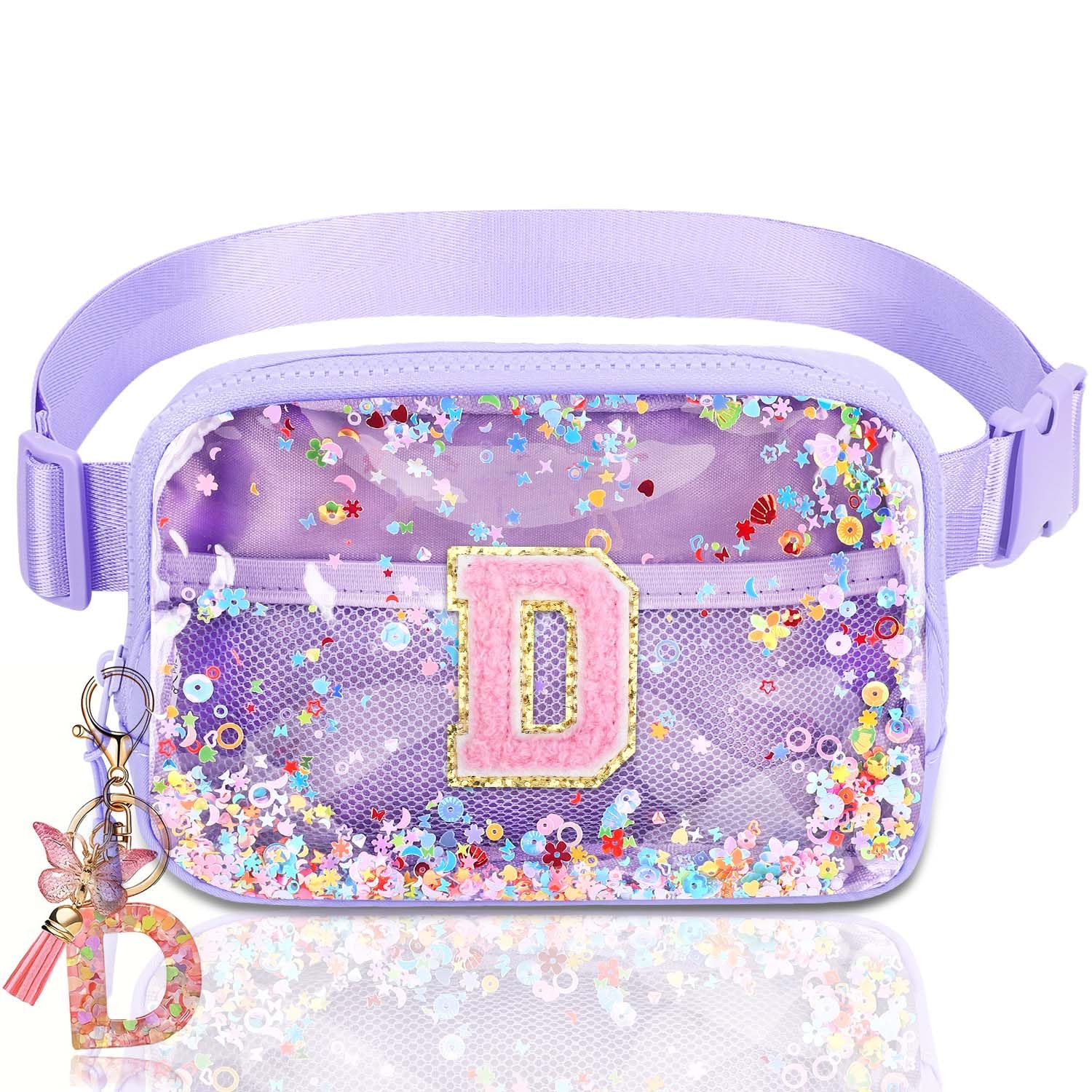 Initial Fanny Pack for Girls - Belt Bag for Teens Kid Teen Girl Kid Birthday Gift Clear Purple D