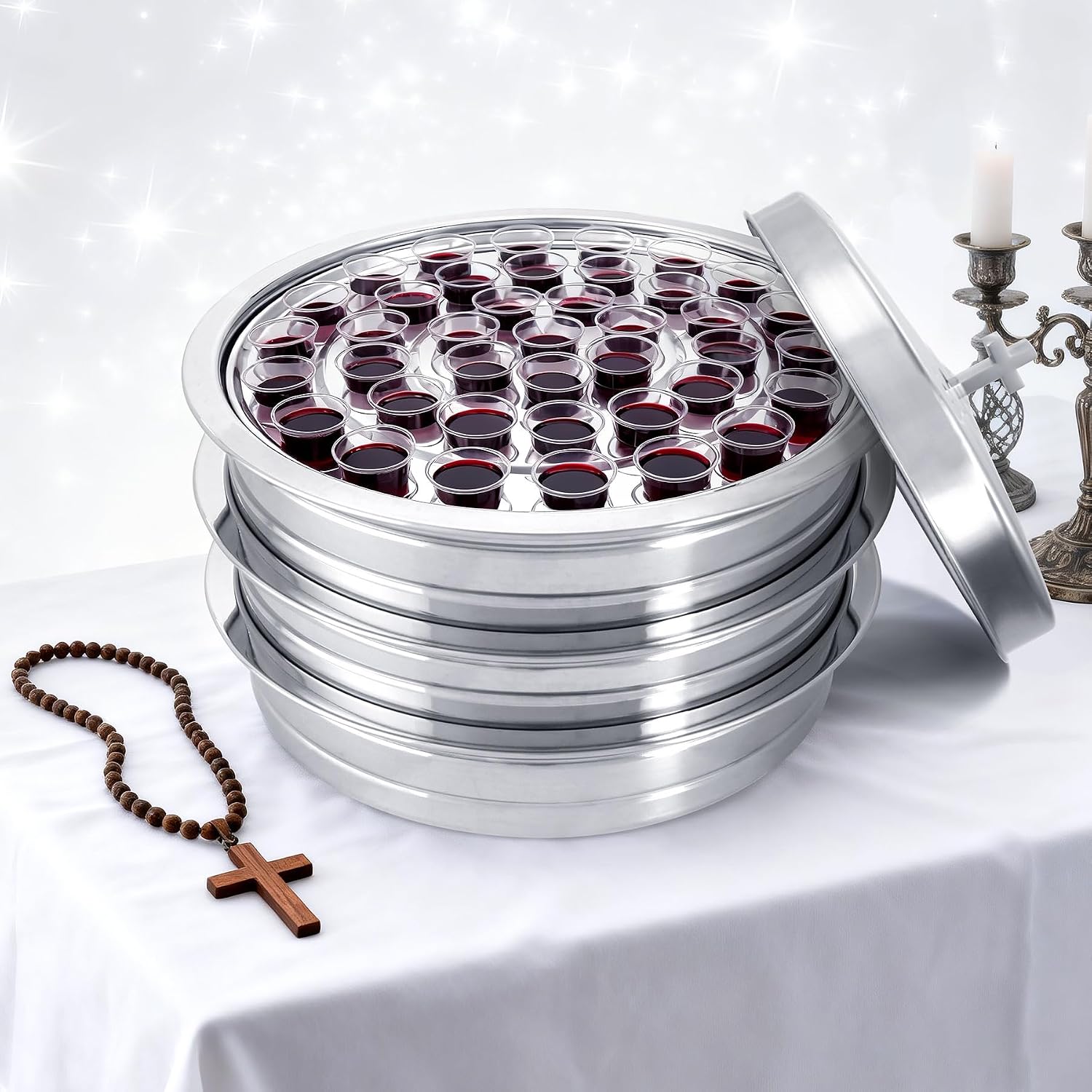 3Pcs Stainless Steel Communion Tray with 1 Lid – 40 Cup Communion Tray for Church – Silver Holy Communion Wine Tray, Stackable Church Worship Supplies（No Cups）