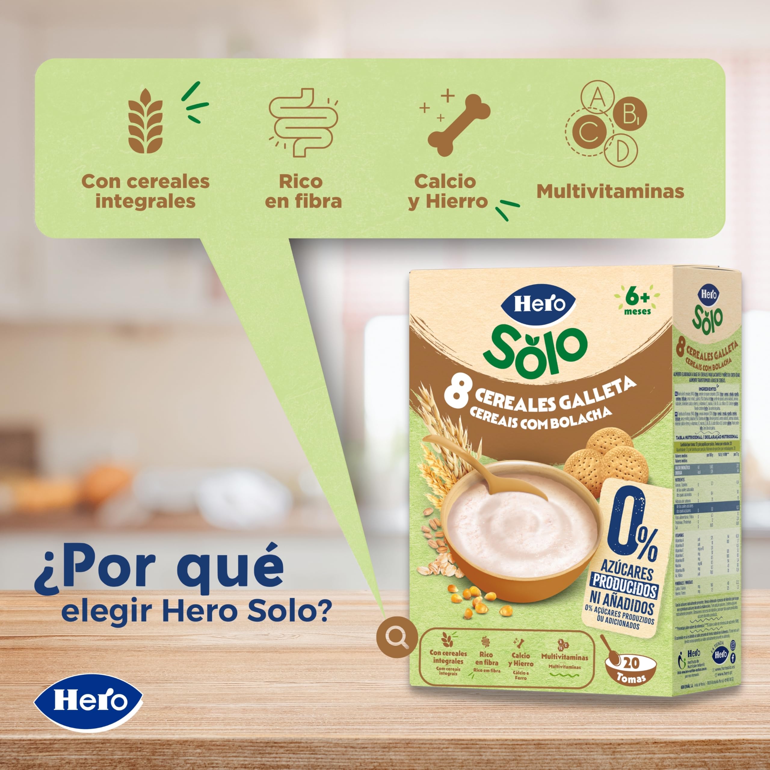 Hero Solo Papilla 8 Cereales con Galleta Sin Azúcares Añadidos para Bebés 6 Meses