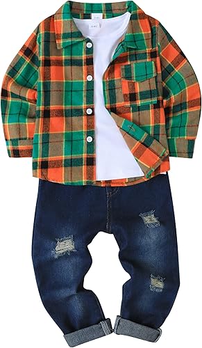 Renotemy 5T Boy Clothes Size 6 Fall Boy Christmas Clothes Warm Flannel Plaid Shi