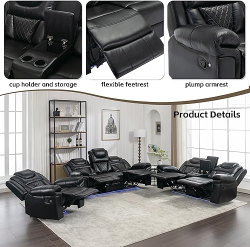 Miniatura 4 de Juego de 3 muebles de sala de estar, juegos de sofás seccionales de cuero reclinables, asientos de cine en casa, sofá reclinable manual con consola