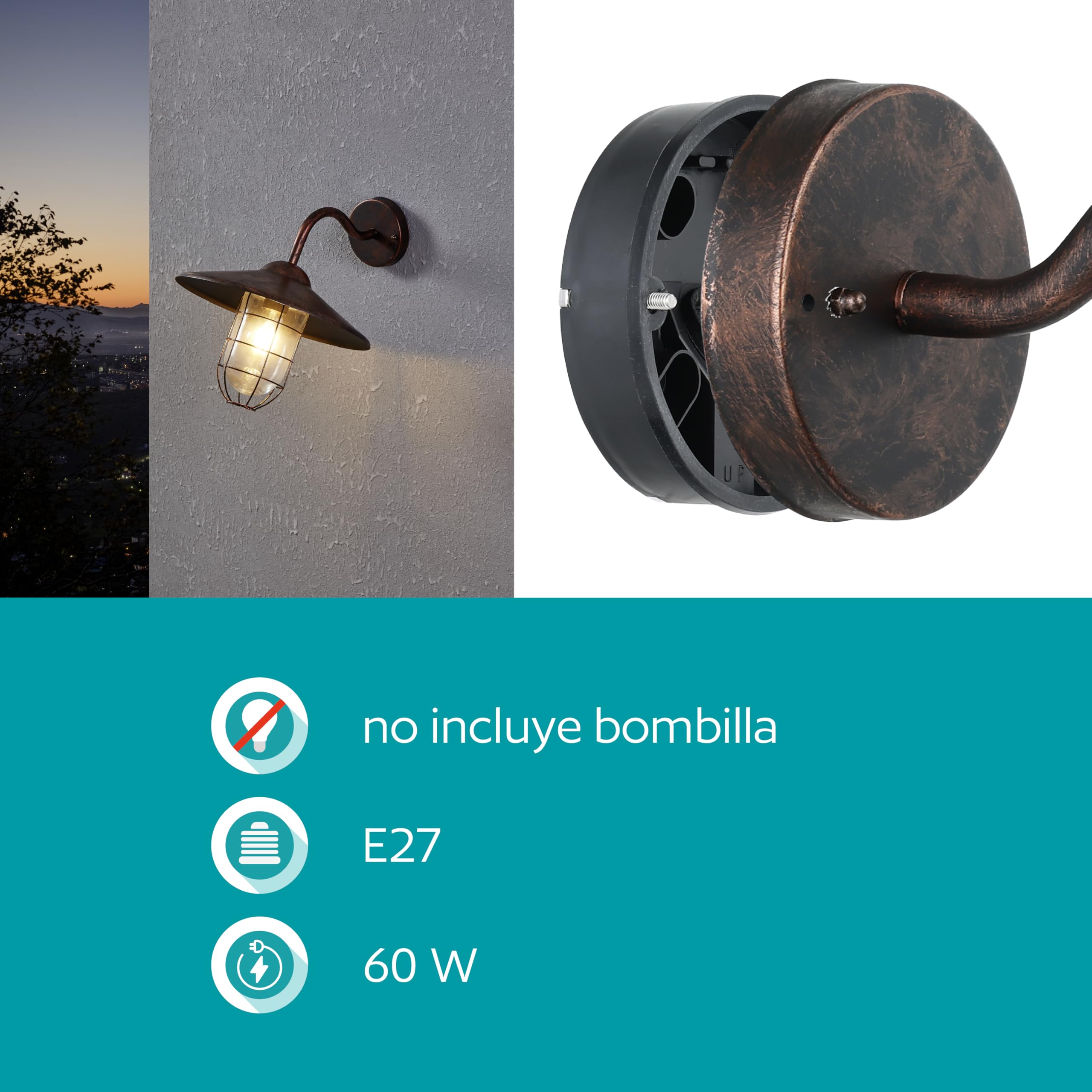 Eglo Melgoa Lámpara de pared para exterior, aplique de exterior de 1 foco | de acero galvanizado con aspecto oxidado y cristal, casquillo E27, IP44
