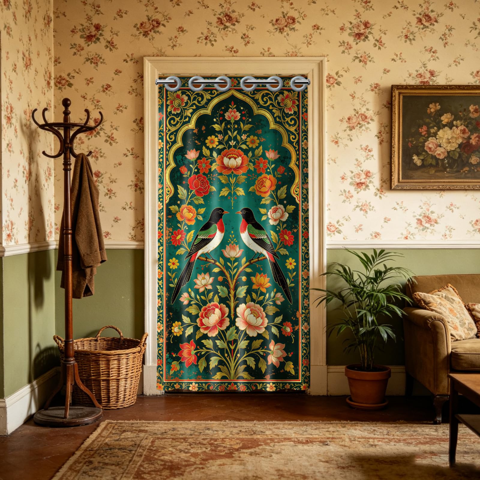 CONCHLERY Birds Pattern Door Curtain for Doorway Flower Pattern Doorway Curtain Room Divider Curtains with Plastic Rings Folding Doors Curtains For Closet Door Living Room Doorway, 39x79 Inch — image 1