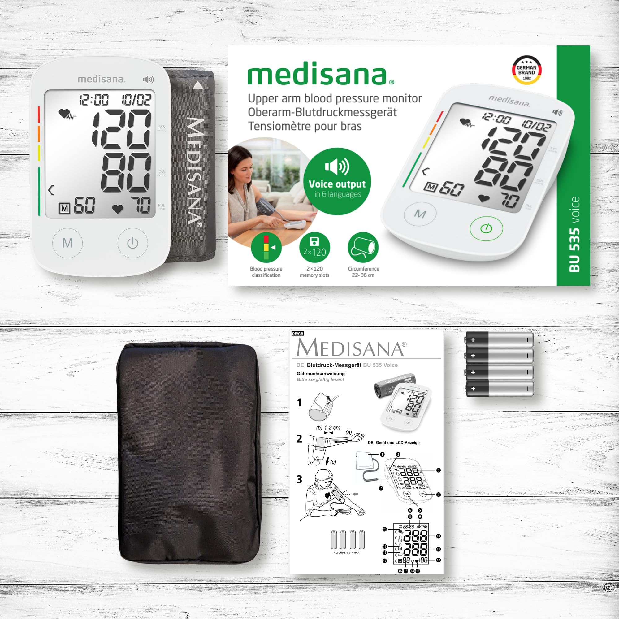 Medisana BU 535 Głosowy ciśnieniomierz naramienny, precyzyjny pomiar ciśnienia krwi i pulsu z funkcją pamięci i wyjściem głosowym, skala świetlna, funkcja wyświetlania nieregularnych uderzeń serca