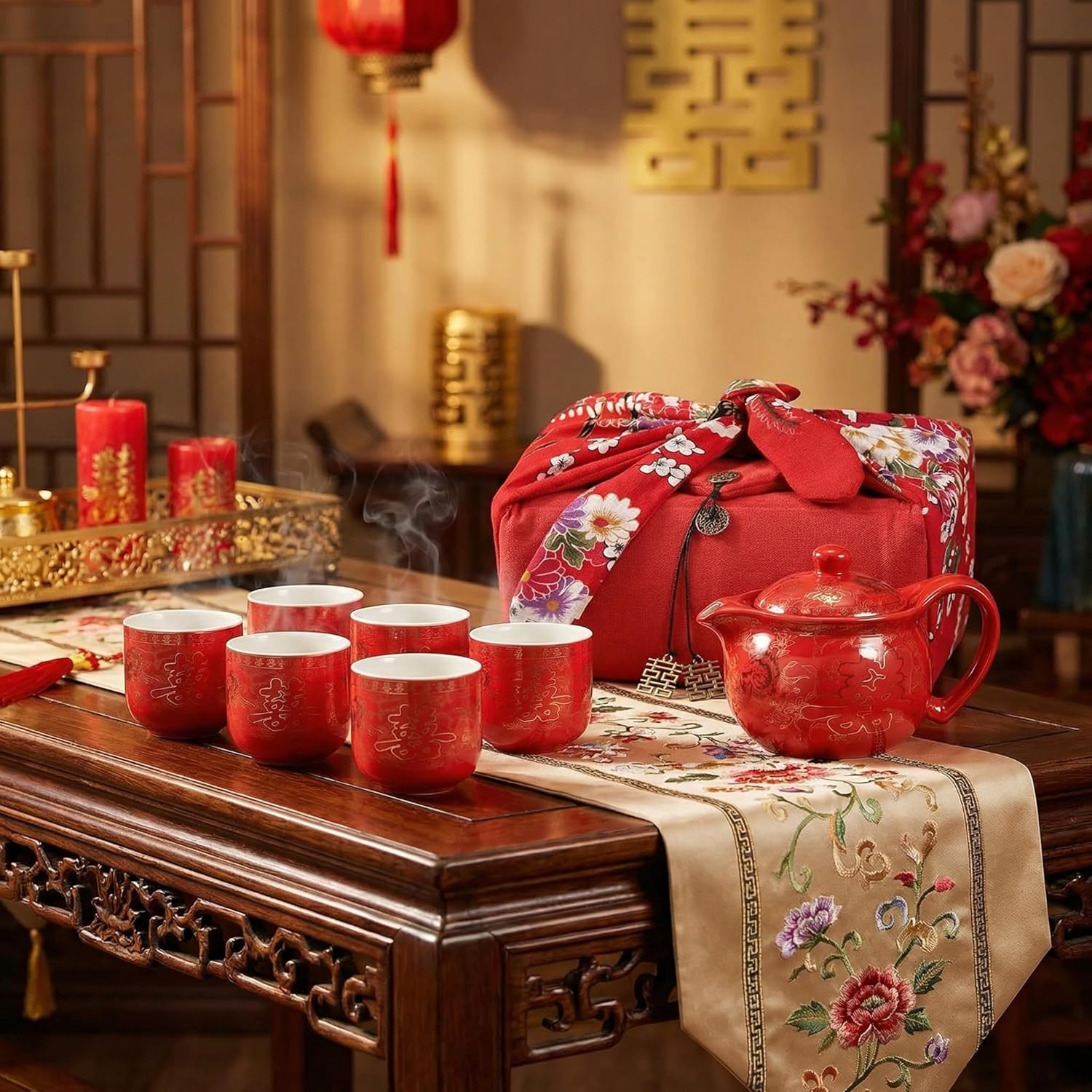Chinese Tea Set Traditional Red Ceramic with Chinese Teapot and 6 Porcelain Teacups, Asian Gongfu Style Collection for Tea Ceremony, Chinese Wedding Gift with Fabric Box