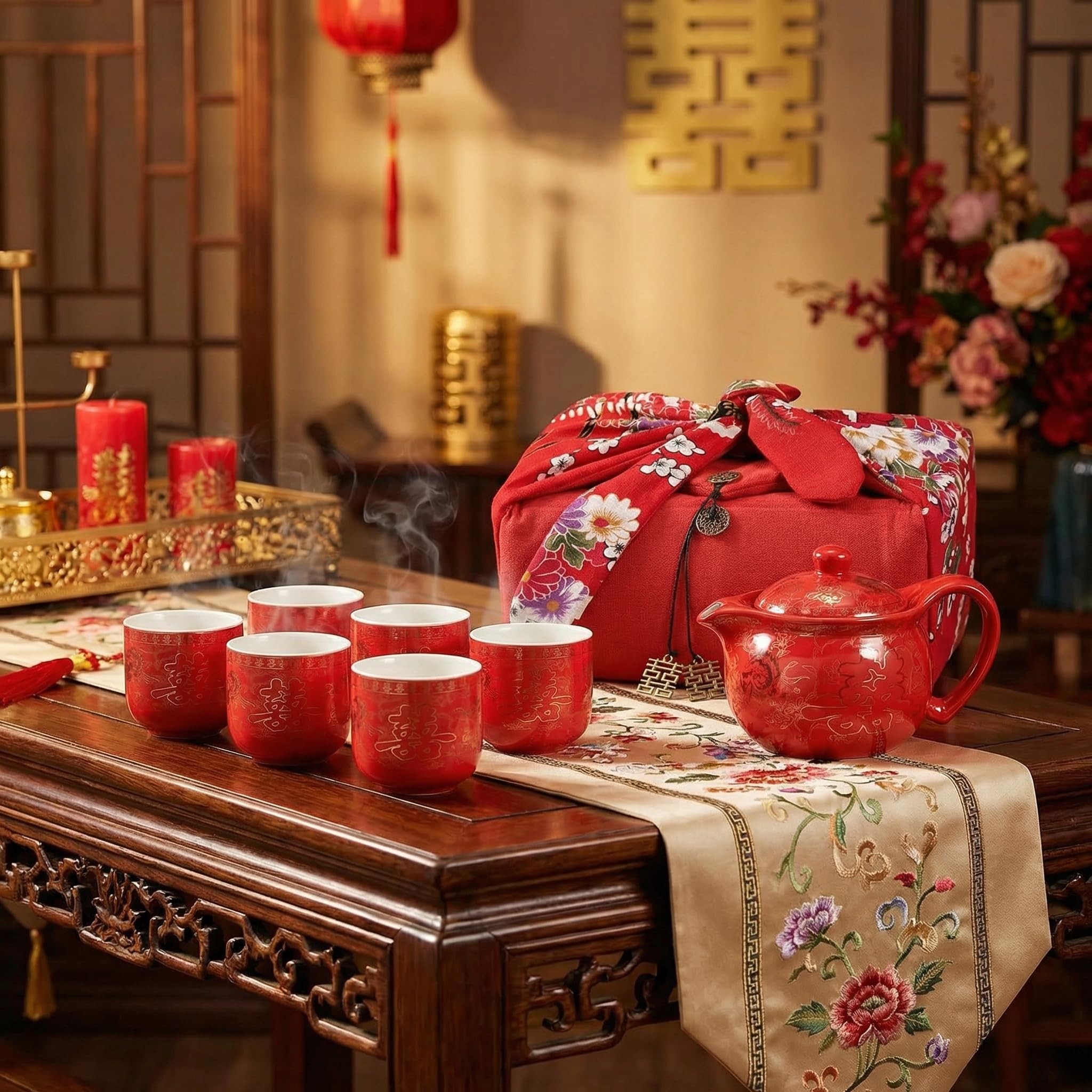 I-MART Chinesisches Teeservice, rotes Keramik-Teeservice, traditionelles asiatisches Tee-Set mit 1 Teekanne, 6 Teetassen und 1 Geschenkbox