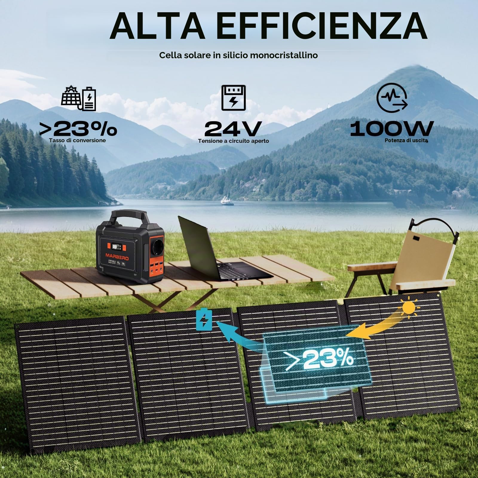 MARBERO 24.000mAh Gruppo Elettrogeno Portatile & Pannello Solare Pieghevole 100W, Generatore Solare con Spina 120W (Picco), USB QC3.0 e DC, Ricarica Rapida, per Emergenza Casa Campeggio Viaggi Outdoor