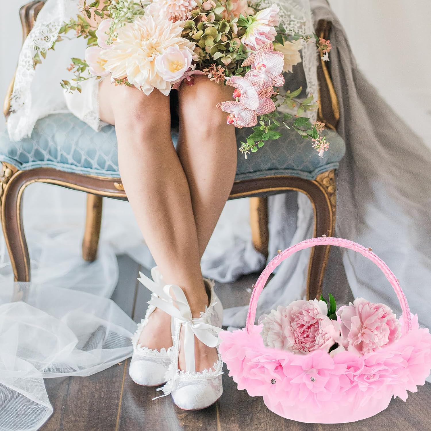 Wedding Flower Basket for Flower, Pink Lace Tote with Imitation Fur, Western Style Wedding Ceremony Supplies for Bridal Petal Scattering