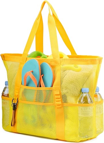 Miniatura 7 de TOPASION Bolsa grande de malla para playa, bolsas ligeras de piscina para juguetes de arena, bolsas de comestibles para viajes familiares, bolsas de