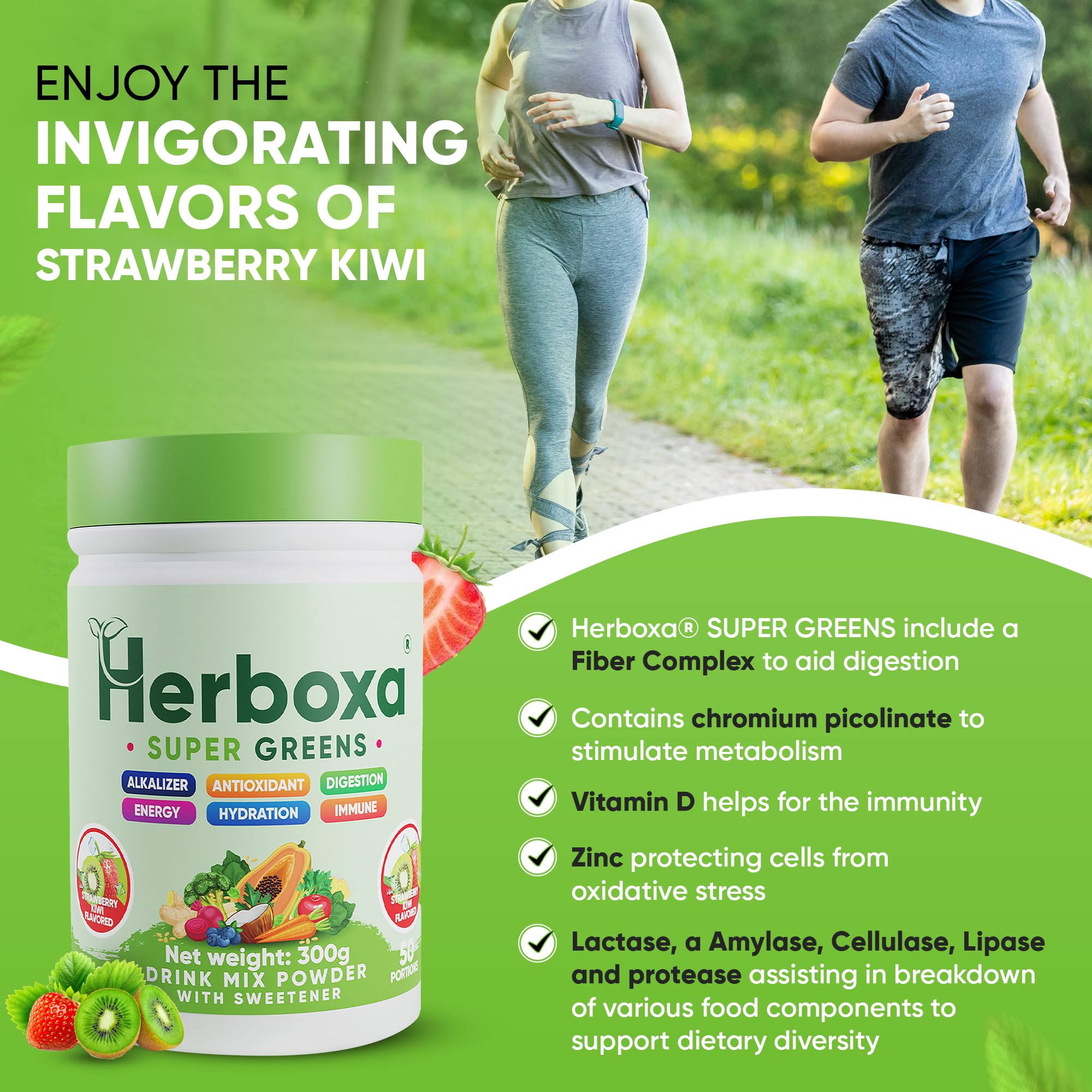 Herboxa SUPER GREENS Integratore Verde 50 Porzioni Fibra Probiotici Enzimi Digestivi Radice di Cicoria Zinco Cromo Gusto Fragola Kiwi Naturale Senza Zuccheri
