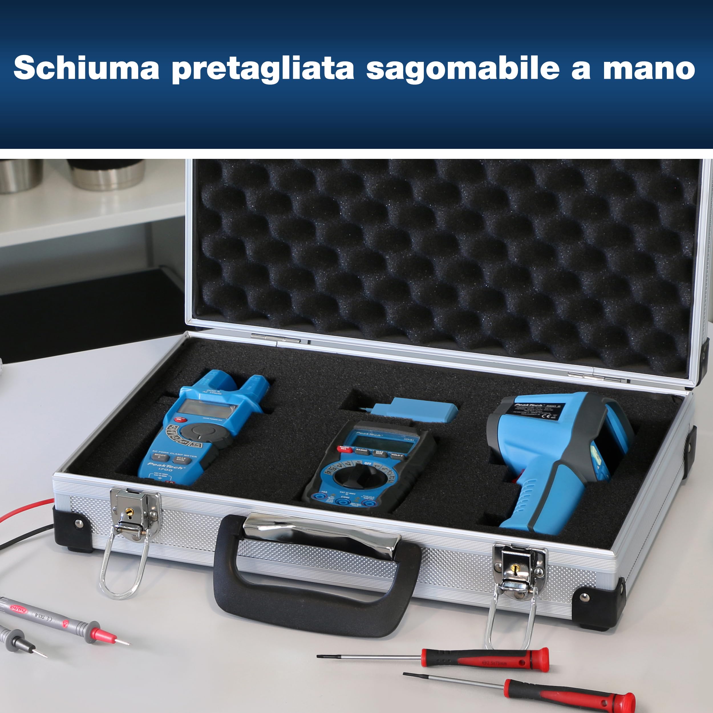PeakTech 7260 - Custodia universale per strumenti di misura, Custodia in alluminio resistente, Vano porta attrezzi, Imbottitura in schiuma, Con lucchetto, Antipolvere, L - 370 x 80 x 230 mm