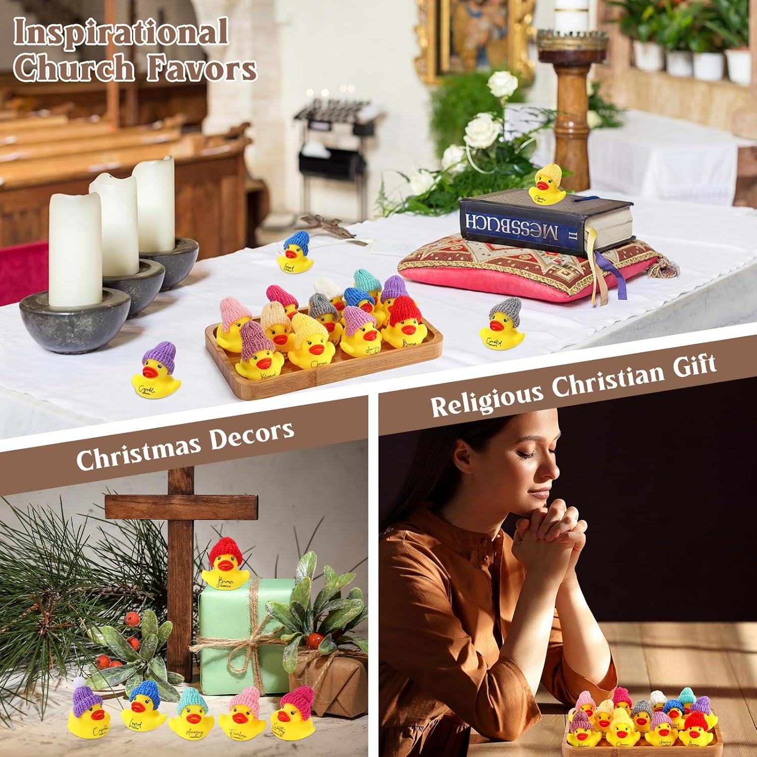 60 Pcs Easter Christian Rubber Ducks Bulk with Bible Verses and Knit Hats Church Gifts Mini Religious Inspirational Duck Toys for Mothers Day Family Women Men Church Party Favor (Yellow)