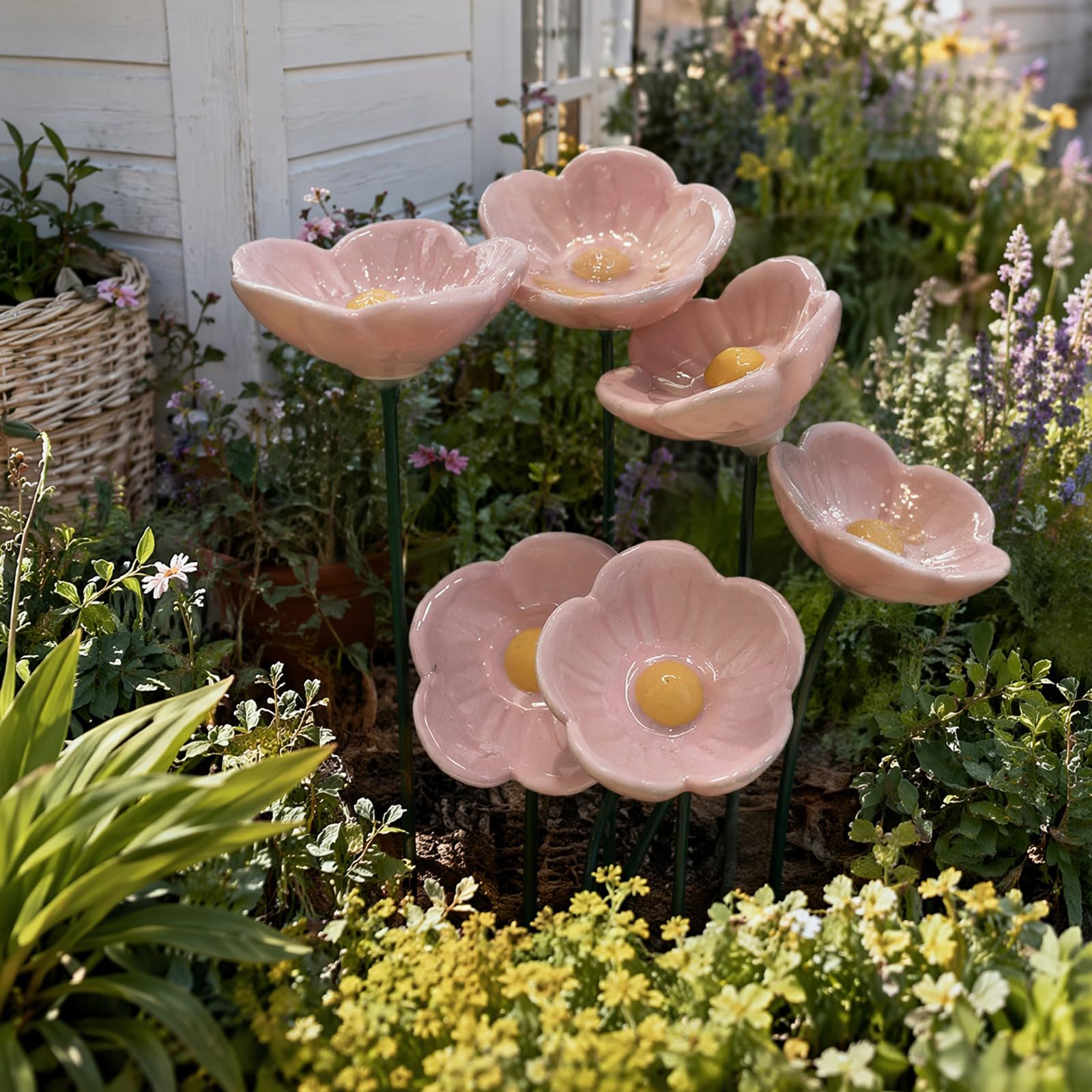 Handmade Ceramic Bee Watering Station, Colourful Flower Shaped Drinking Cup
