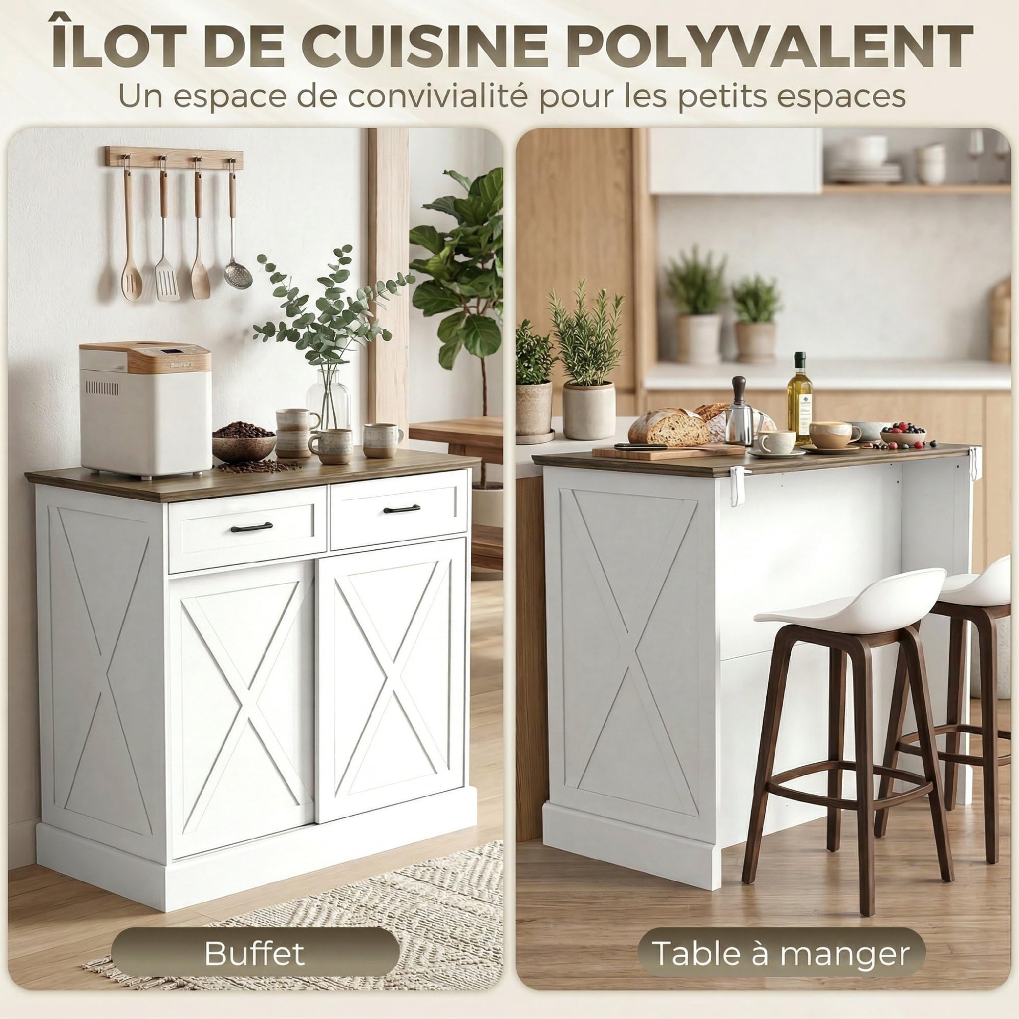 HOMCOM Îlot Central Cuisine, Buffet Cuisine, Meuble de Rangement avec 2 Tiroirs, 2 Portes Coulissantes et Étagère Réglable, Style Rustique, 106,4 x 57 x 92 cm, Blanc et Marron