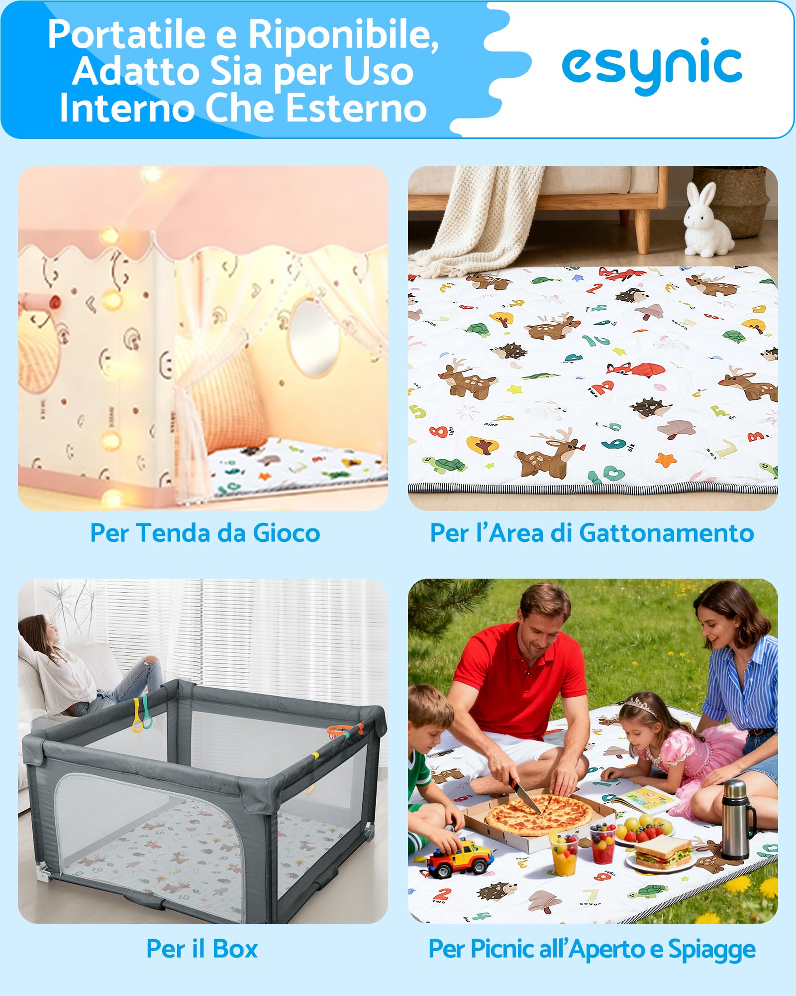 eSynic Tappetino da Gioco Pieghevole per Bambini 150x150cm, Antiscivolo a 4 Strati ed Educativo con Design Animali e Numeri, Tappeto Neonato per Gattonamento, Picnic e Recinti, Lavabile in Lavatrice