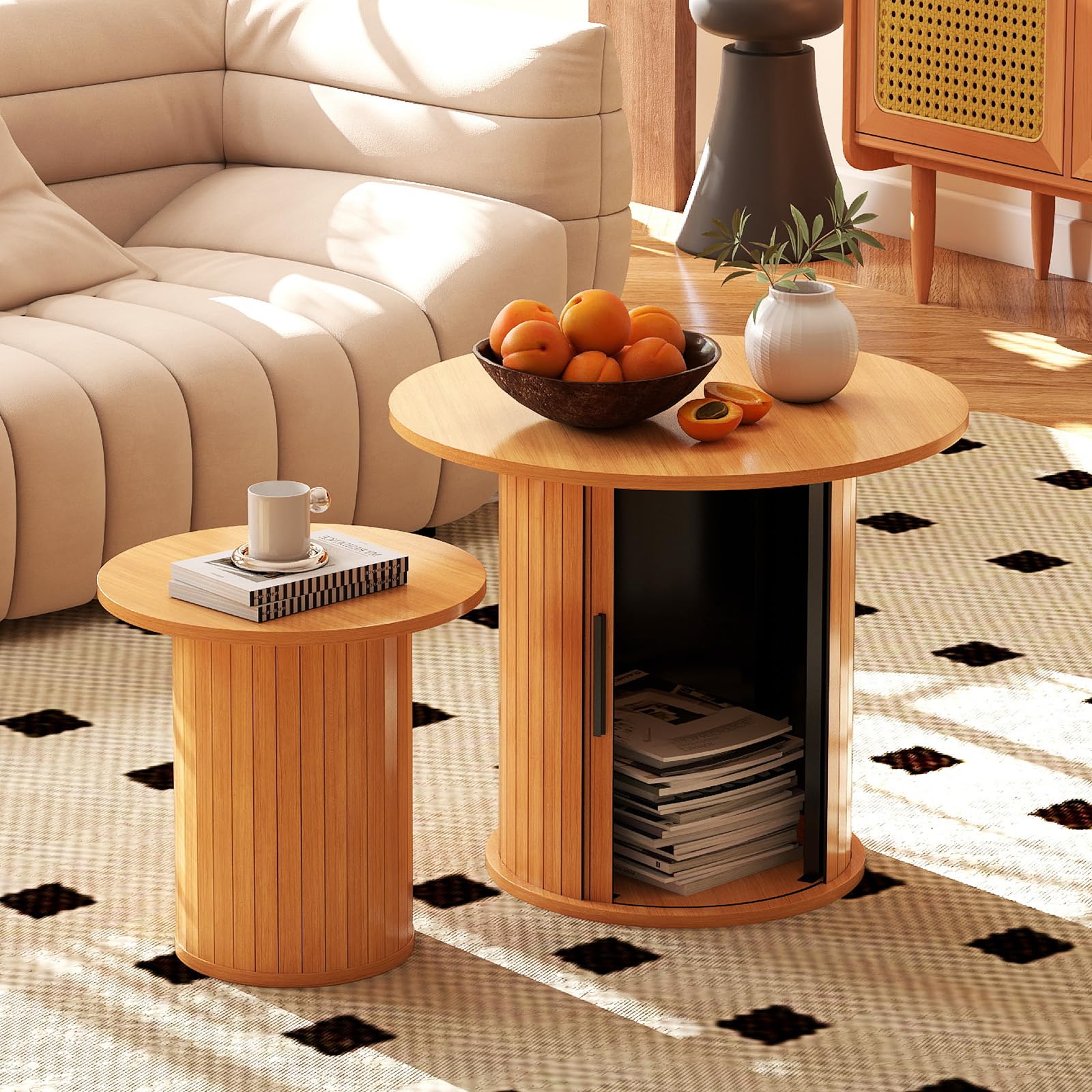 COSVALVE Nesting Coffee Table Set of 2 with Hidden Storage & Sliding Door, Circle Wood Coffee Table, Farmhouse Side & End Table Sets for Living Room,