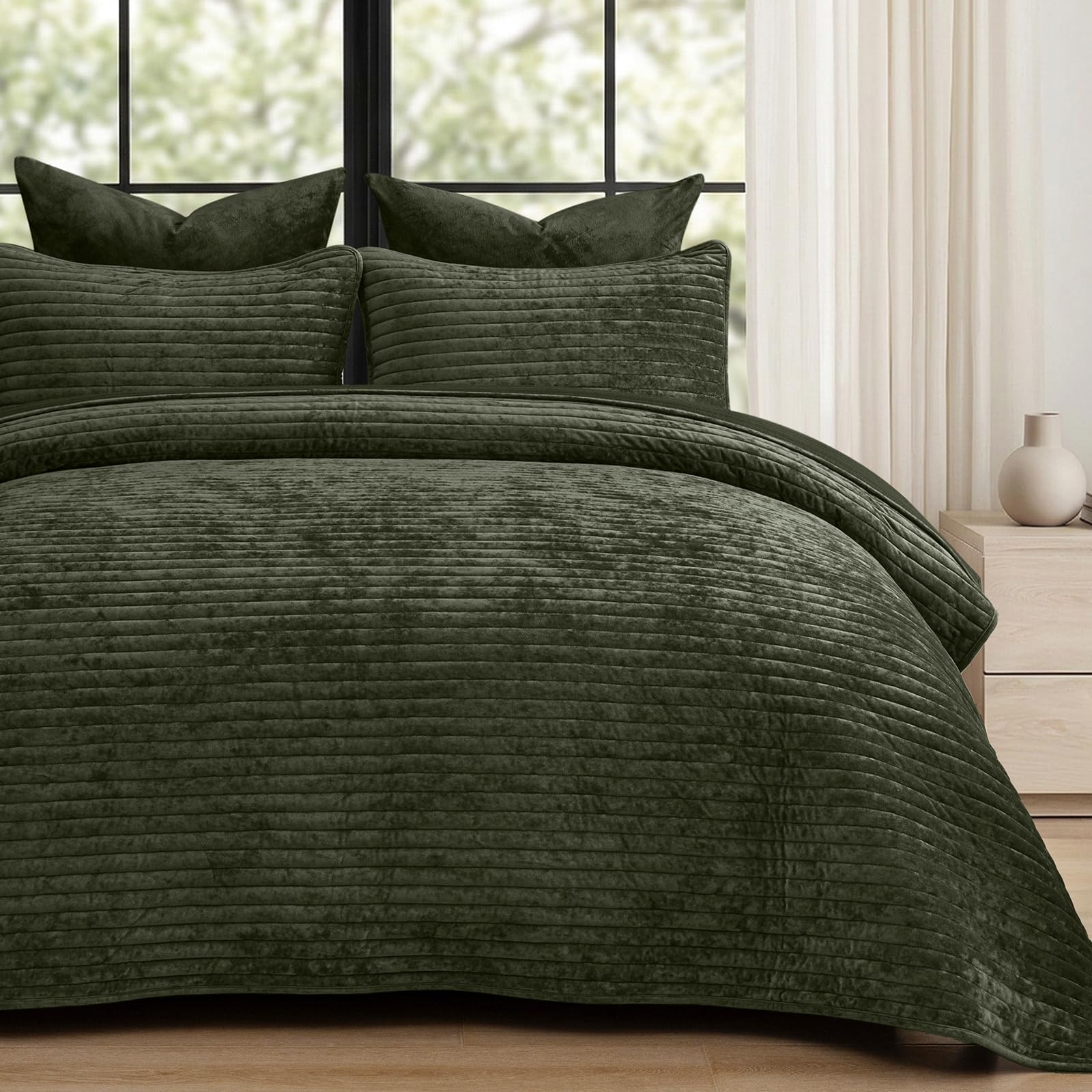 phf luxury velvet quilt set queen size - 3pcs ultra soft quilted comforter alternative with striped channel, cozy quilted bedspread, 1 coverlet with 2 matching shams, 90" x 92", smokey olive