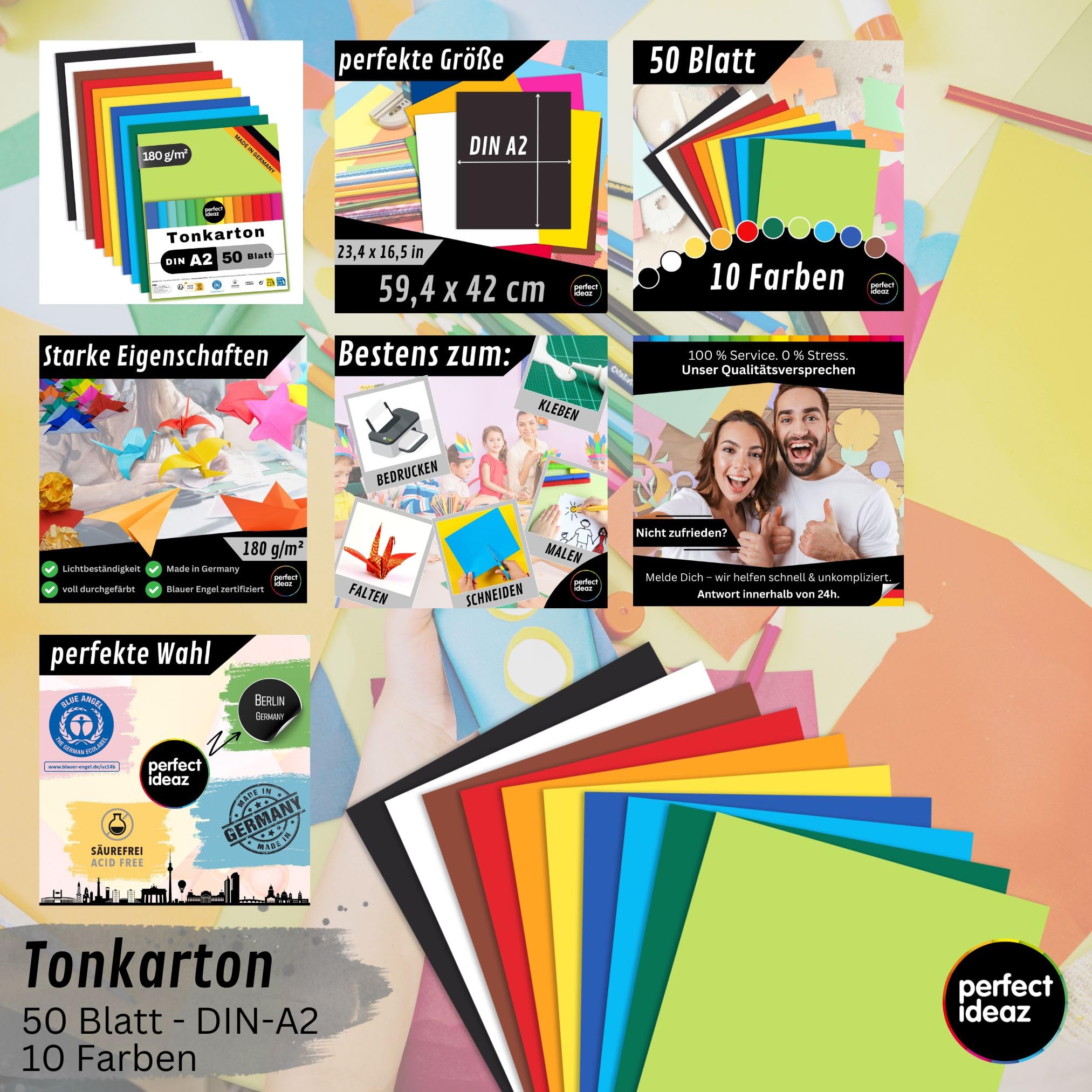 perfect ideaz - 50 Blatt Tonkarton DIN-A2, 10 Farben, Made in Germany, Blauer Engel zertifiziert