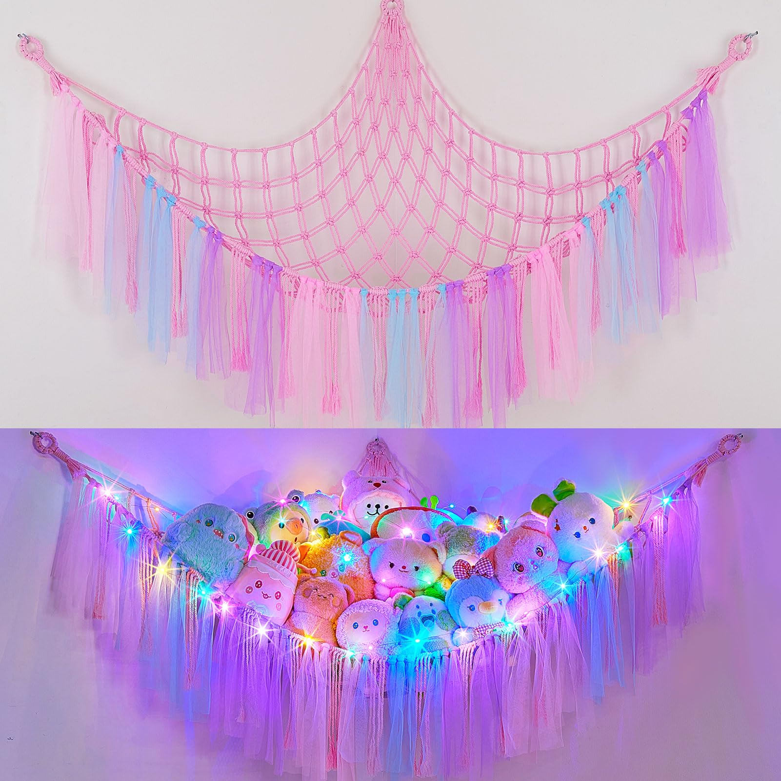 FIOBEE Stuffed Animals Net LED Light Toy Hammock for Kids Bedroom Storage