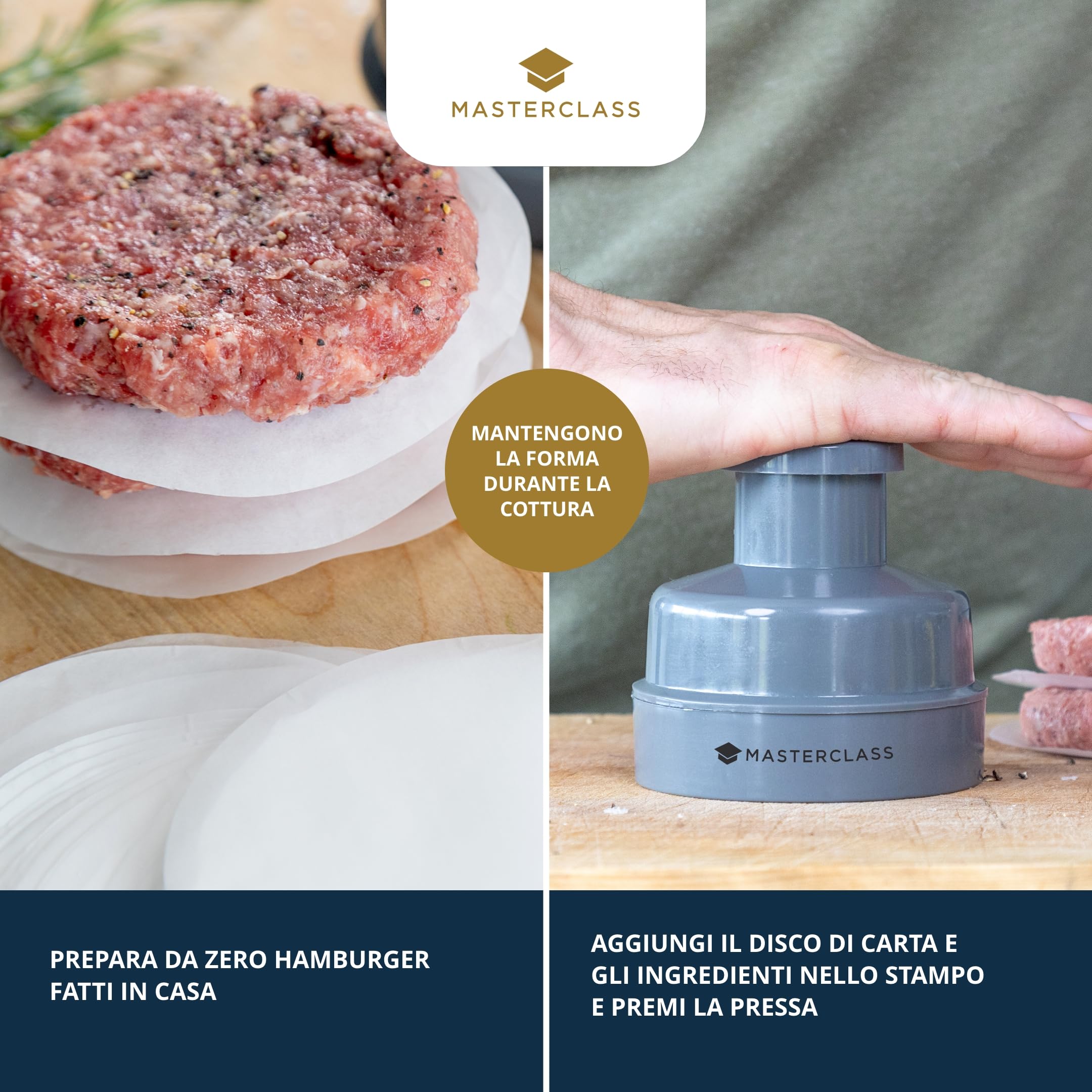 MasterClass Pressa per hamburger, stampo per hamburger fatti in casa, kit antiaderente con stampo per hamburger, 100 dischi di cera e ricettario