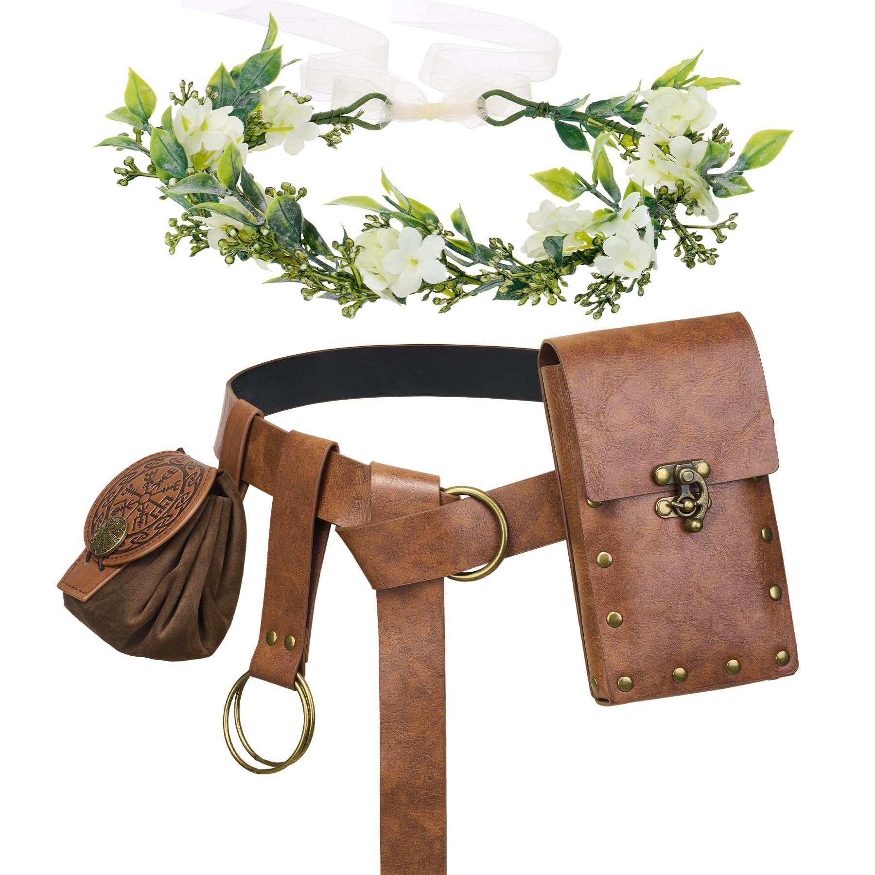 Photo 1 of YESSA Renaissance Accessories,Medieval Viking Leather Belt Pouch Coin Purse,Ren Faire Headpiece Phone Holder Waist Bag Halloween Cosplay Pirate Costumes Set,Brown
