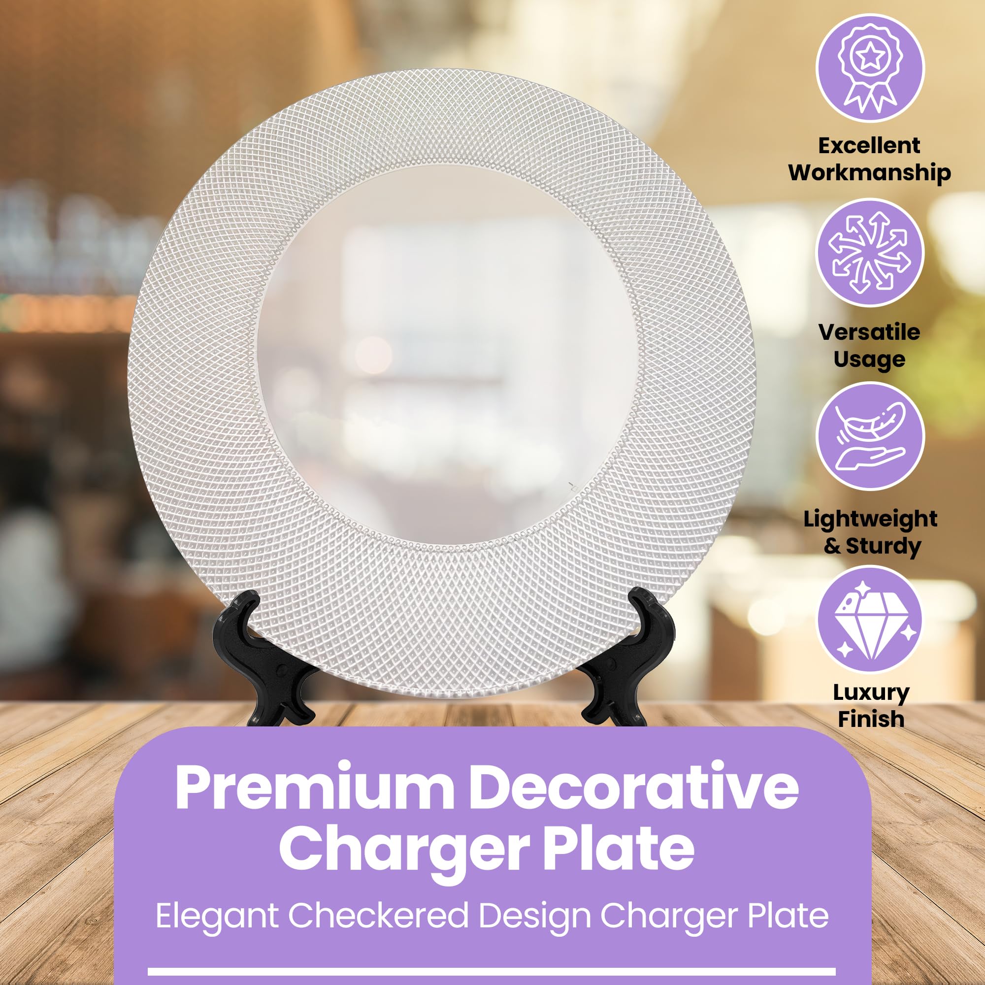Elegante plato de carga de vidrio a cuadros plateado de 33 cm, placa inferior redonda ideal para bodas, fiestas, aniversarios, fiestas de cumpleaños, vajilla y eventos de catering, 6 unidades