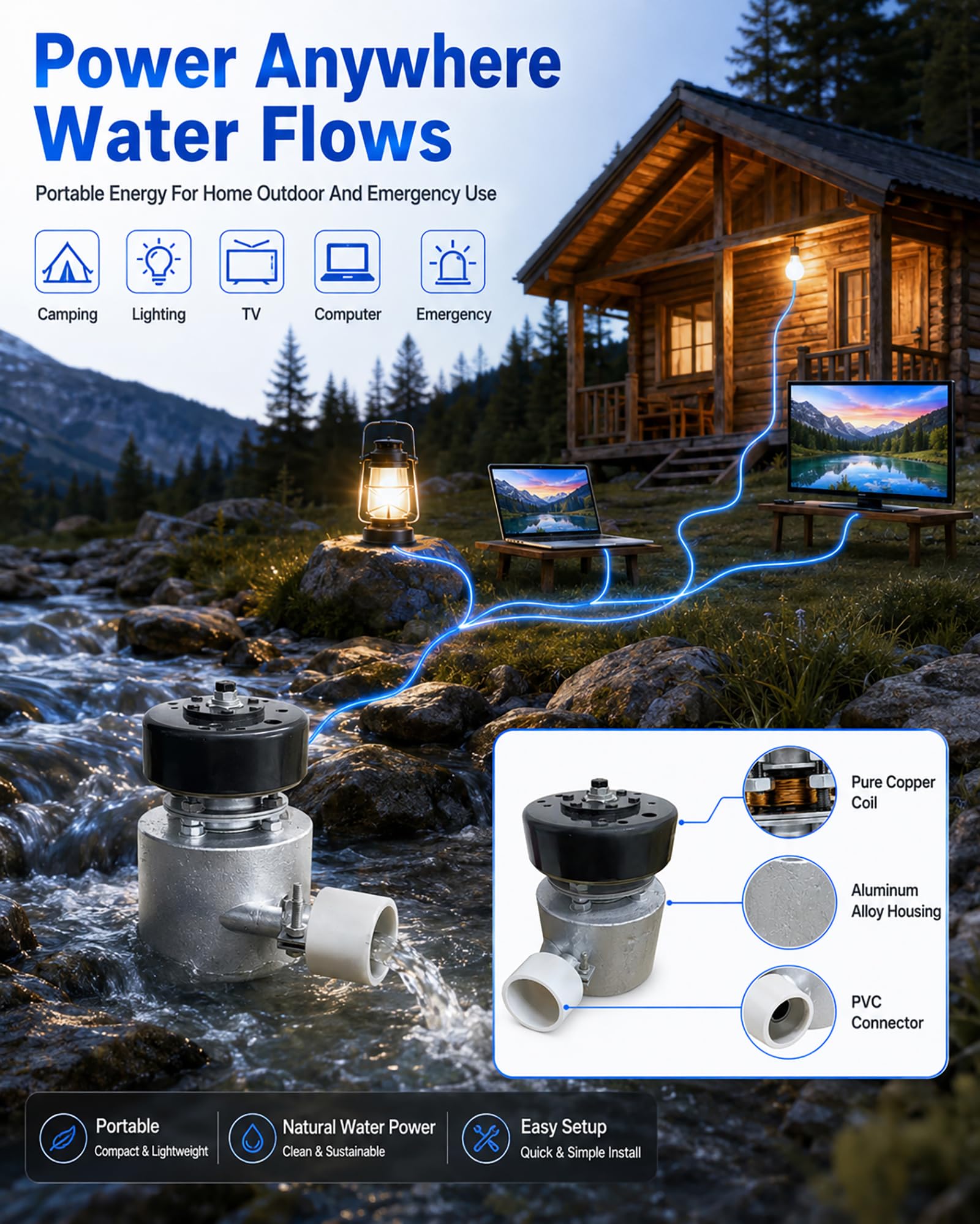 Generatore Micro Idroelettrico 1KW 110V/220V Centrale Idraulica Portatile Con Cuscinetto Turbina Ad Acqua Per Casa Campeggio Illuminazione TV Computer E Piccoli Elettrodomestici,1kw,110V/220V