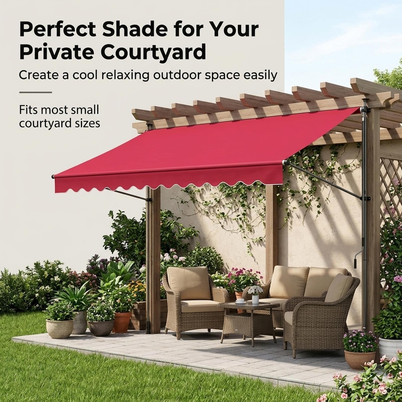 Auvent de patio rétractable autoportant à manivelle avec poteau de support. | Auvent pare-soleil imperméable à hauteur réglable, tissu de remplacement for patio d'entrée.(White pole ClrC,350cm/11.5ft)