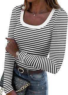 Zeagoo Women's Ribbed Long Sleeve Scoop Neck Top Slim Fit Knit Tee Casual Business Fall Summer Basic Shirt