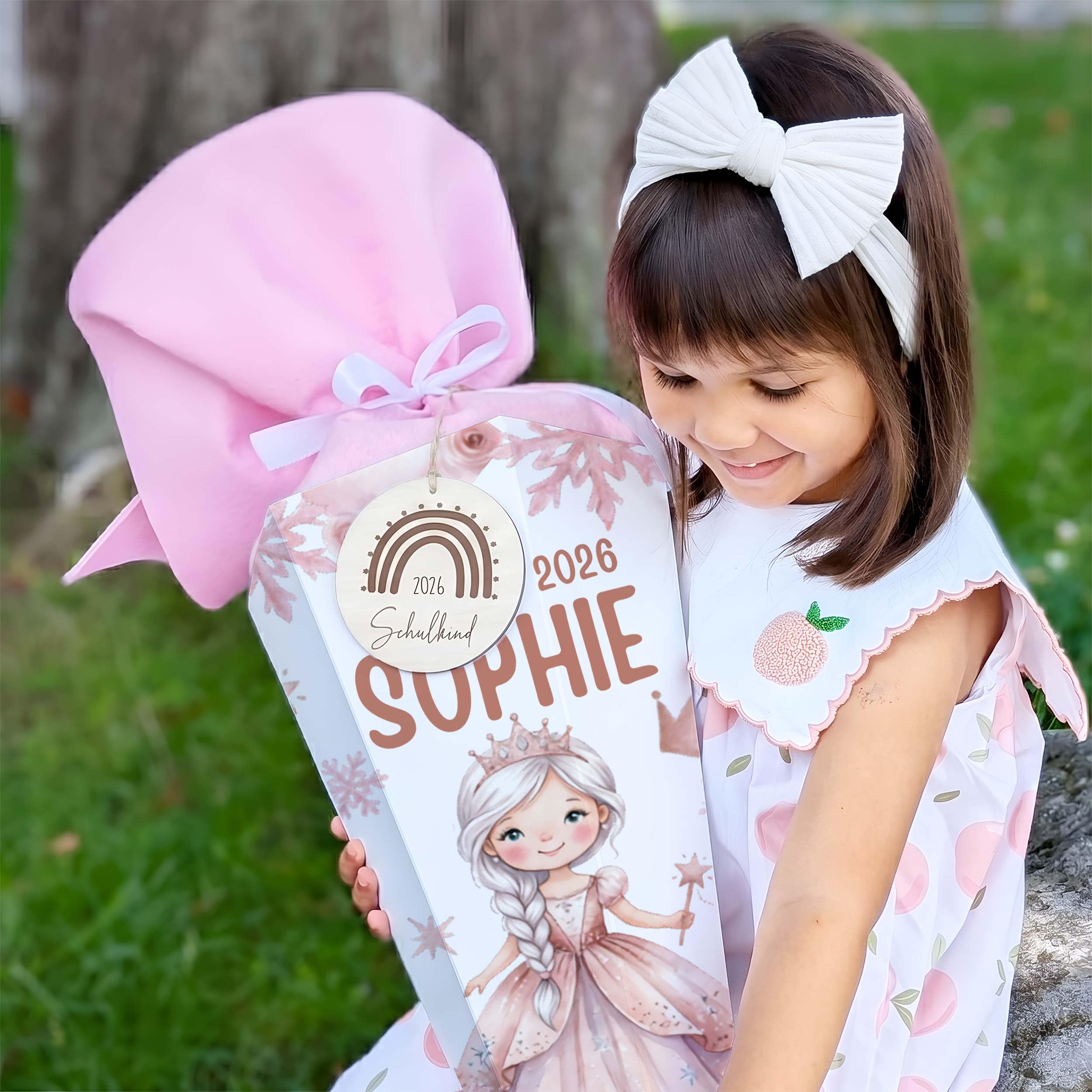 Personalisierte Schultüte mit Rohling, Filz-Stoff & Holzschild, Zuckertüte zur Einschulung Mädchen & Jungen, Einschulungsgeschenk 2026 - Prinzessin (Rosa)