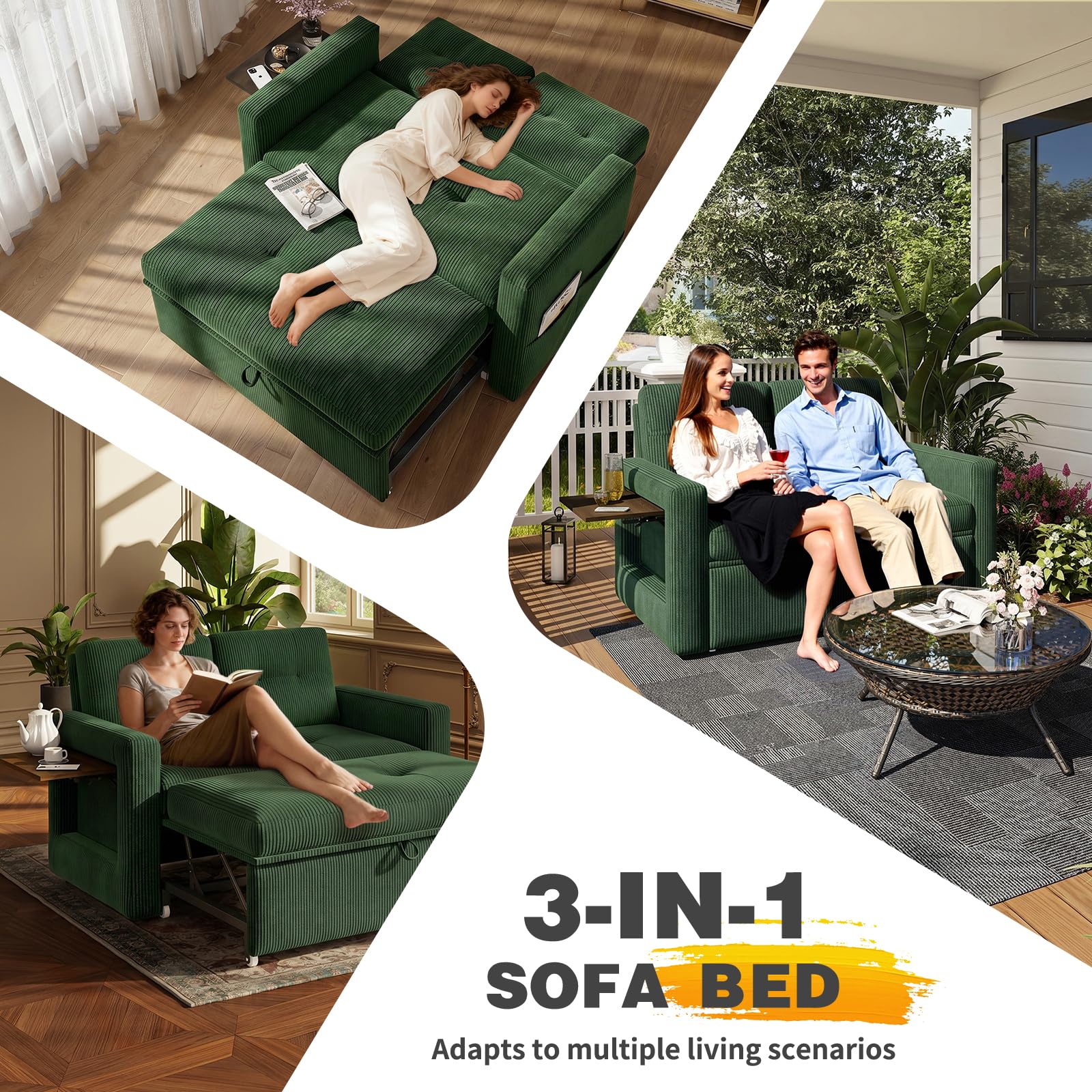 YOUDENOVA Sofa 3 w 1, fotel z funkcją łóżka i funkcją salonu, sofa relaksacyjna z 5 regulowanymi pozycjami oparcia, sofa 2-osobowa z łóżkiem, stołem i kieszeniami bocznymi, prążkowana zieleń