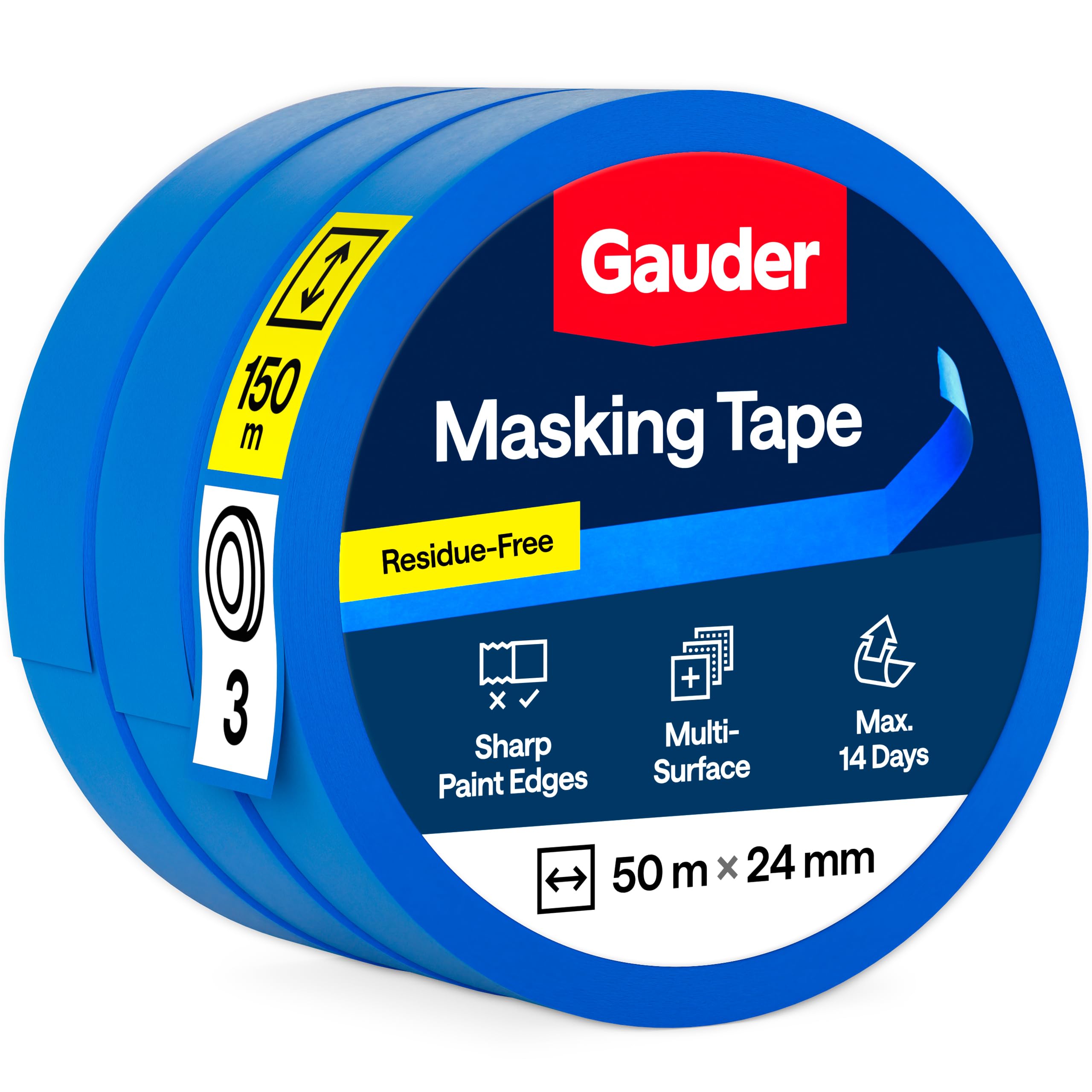 GAUDER Masking Tape for Painting - Painter's Tape for Precise Edges - Professional Solution for Decorating, Renovating and DIY Projects (3 Rolls - 24 mm x 50 m)