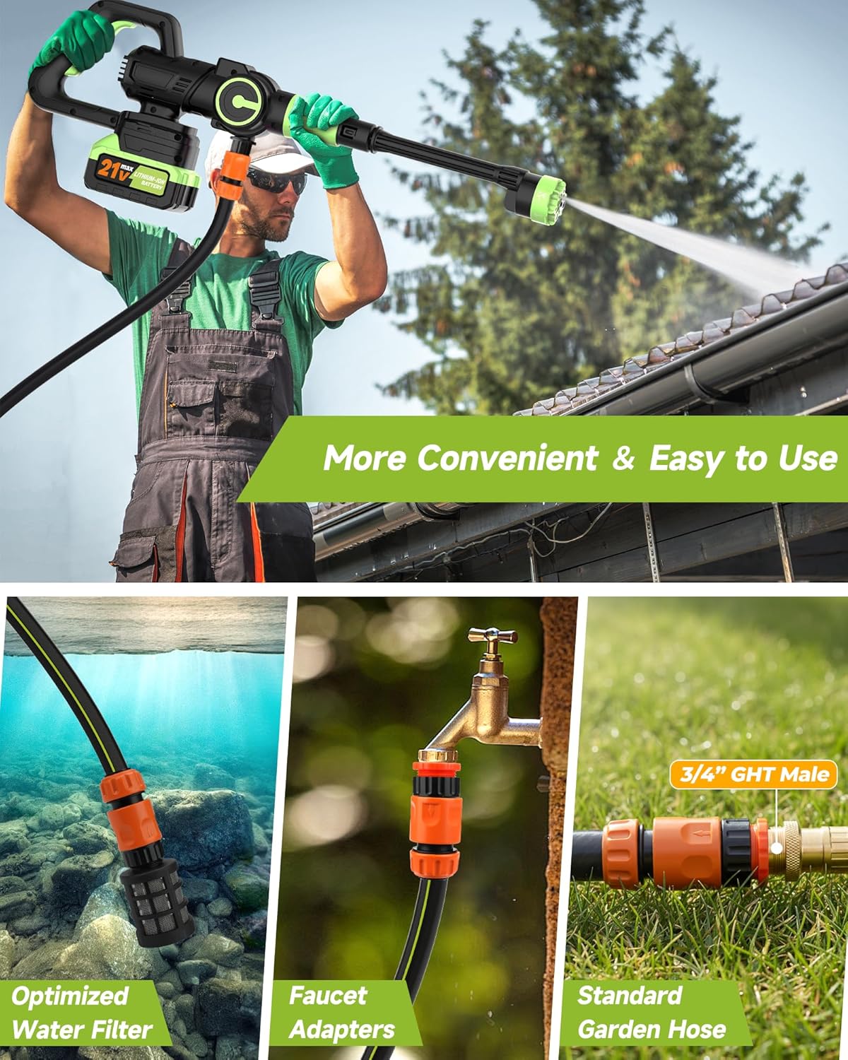 Brushless Cordless Pressure Washer, 1100PSI-Cordless Power Washer with 2 Batteries, 6-in-1 Nozzle/3-Modes Adjustable, 21V 4.0Ah Portable Pressure Washers Battery Operated for Car Home, Green - Image 7