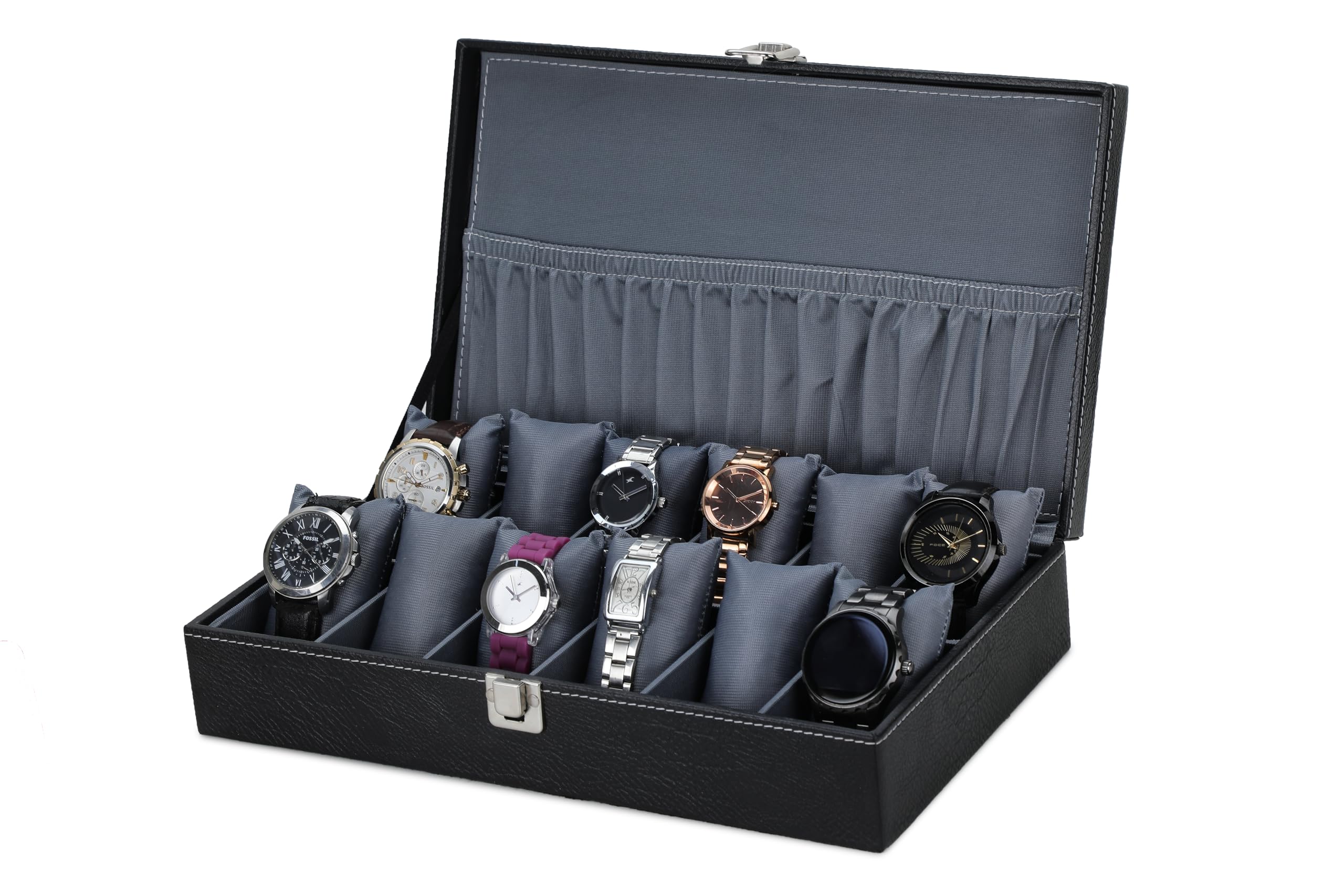 ZENWOOD Mens Womens, 12-Slot Watch Case with Large Glass Lid, Removable Watch Pillows, Watch Box Organizer, Gift for Loved Ones, Black Leatherette, Grey Color Velvet (B0DB631RD6) Amazon Price History, Amazon Price Tracker