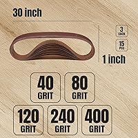 Vista 2 de POWERTEC Correas de lijado de 1 x 30, 15 unidades, 3 de cada uno de granos 40/80/120/240/400, 1 correa de lijado de óxido de aluminio de 30 pulgadas