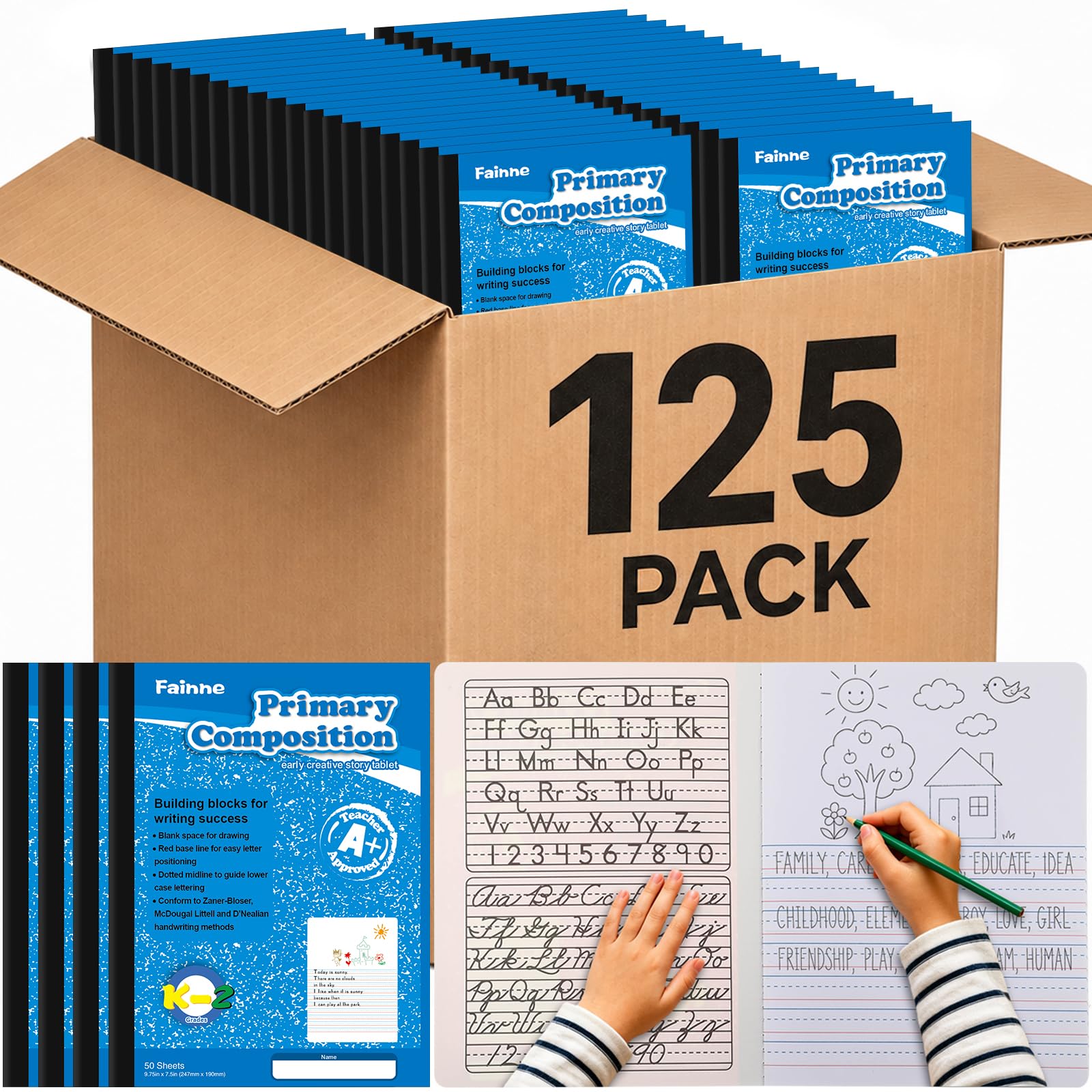 Fainne 125 Pack Primary Composition Notebook K-2 Bulk - Hard Cover Ruled Journal Writing Notebook 7-1/2" x 9-3/4", 100 Pages Color Marble for Classroom School Supplies (Blue Marble)