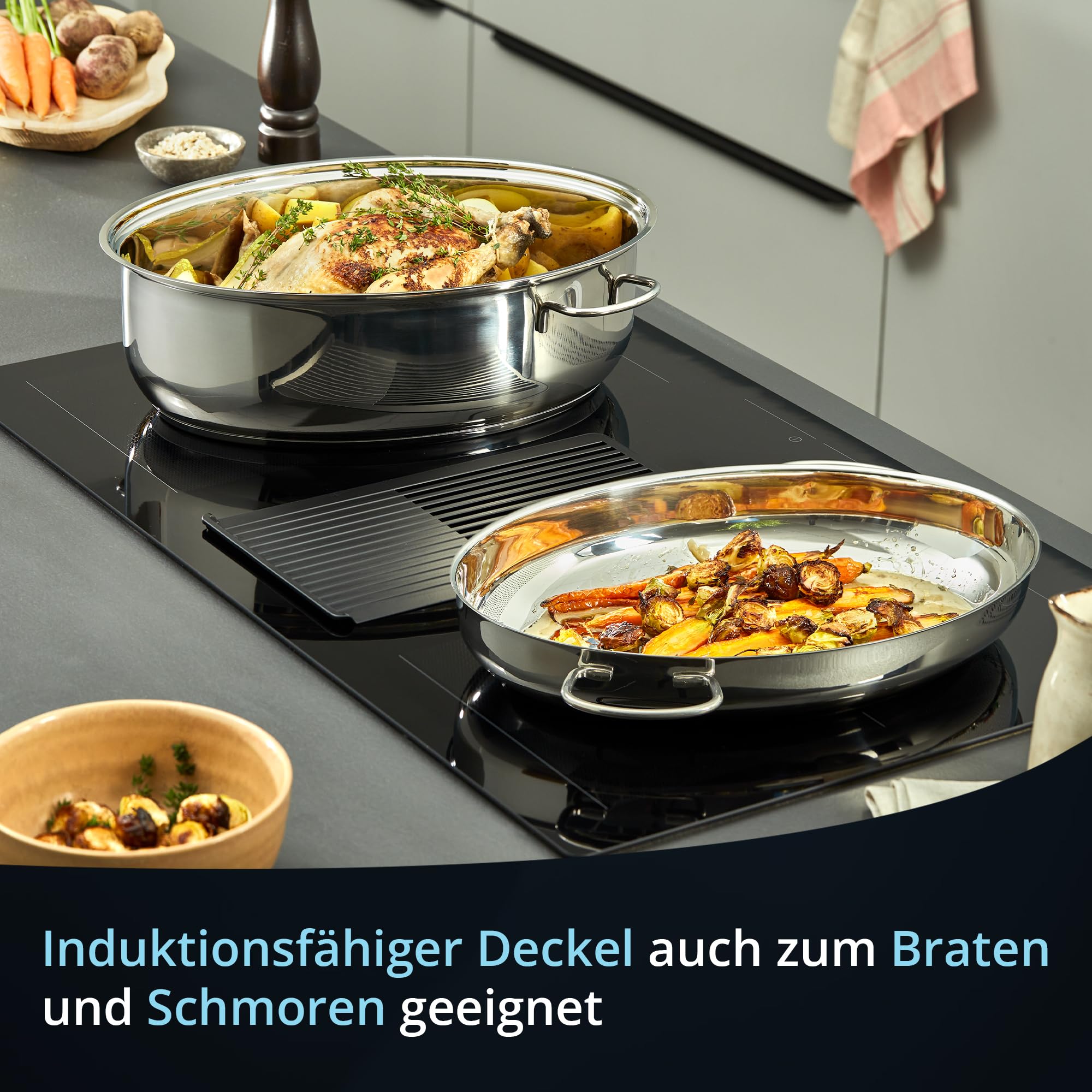 KHG Bräter mit Deckel Induktion 38x26x18 cm | Edelstahl, 7,7 l Volumen | 2in1 Deckel als Pfanne nutzbar | ideal für große Festtagsbraten | spülmaschinengeeignet, backofenfest