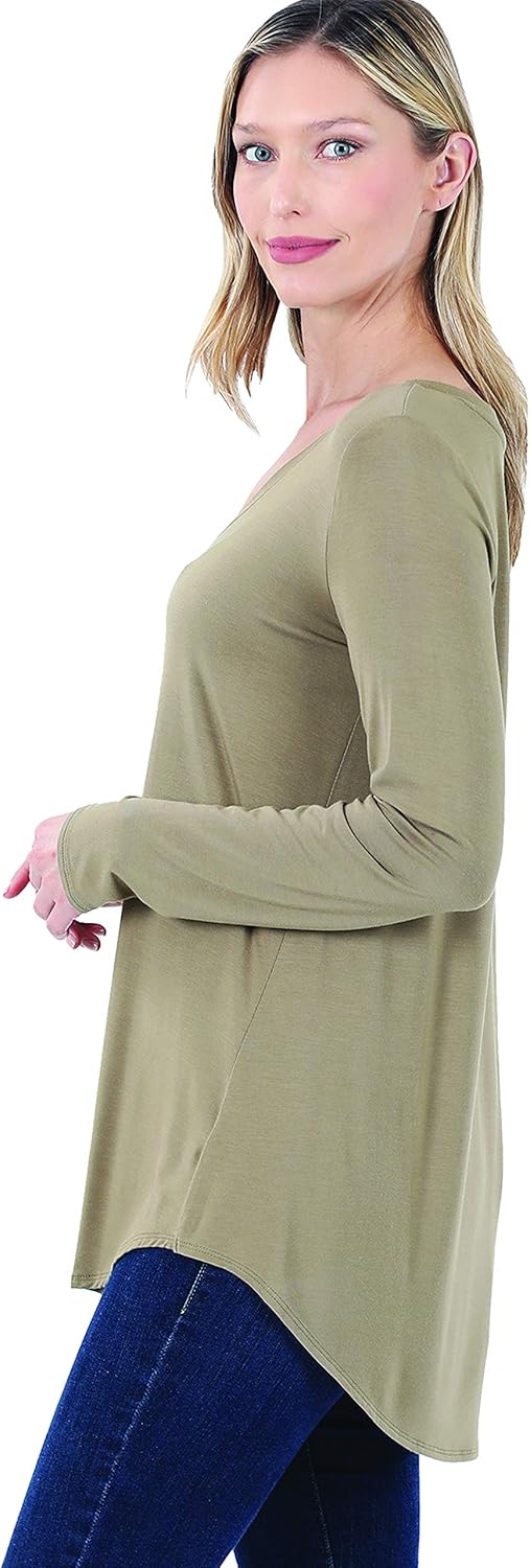 Zenana Luxe Rayon Long Sleeve V-Neck HI-Low Hem TOP Khaki S - Image 2