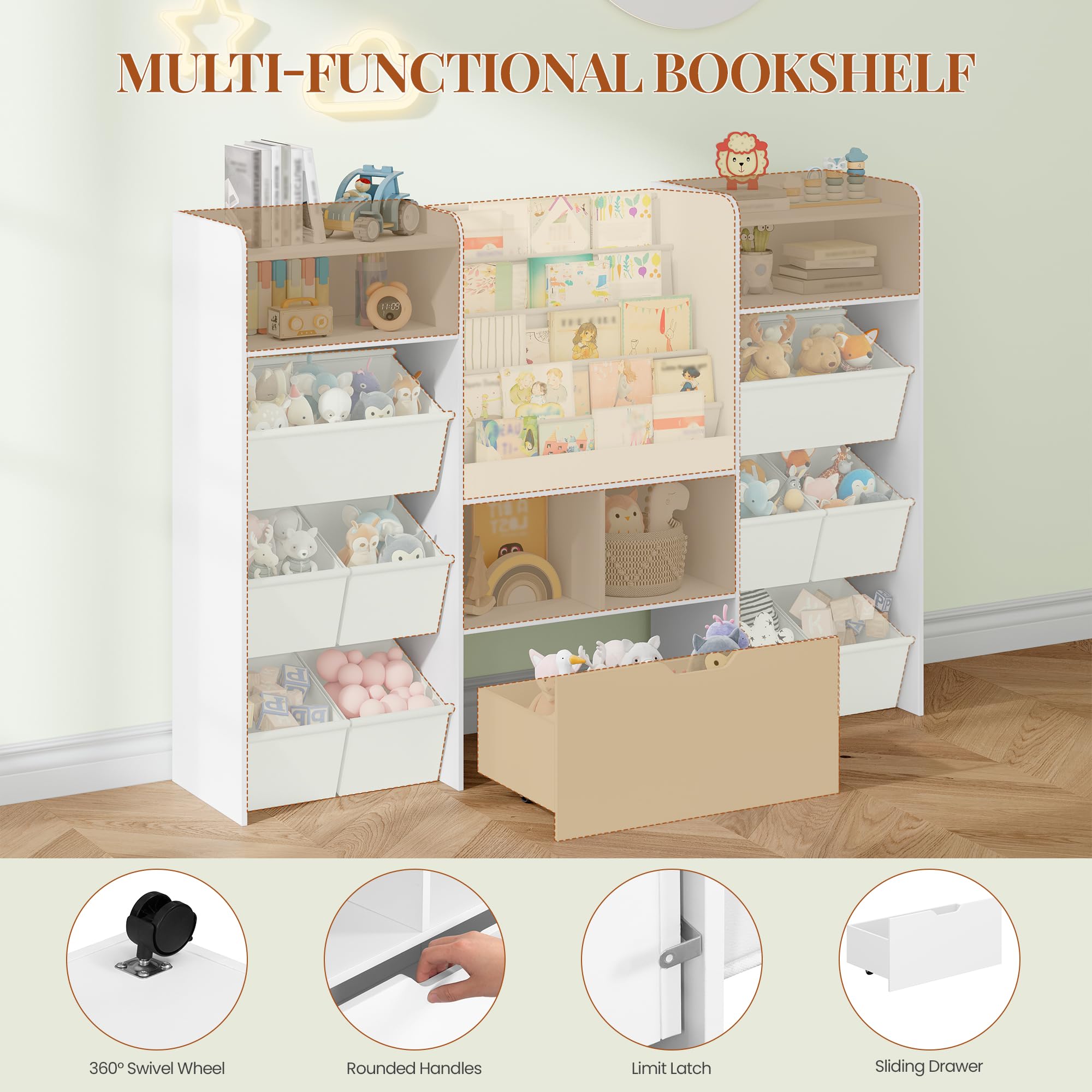 HEXCELEN Meuble Rangement Enfant avec Porte-journaux, Bibliothèque Enfants avec Tiroirs Roulants, 10 Boîtes en Non-tissé, Étagère à Jouets, pour Chambres d'enfants, Bureau, 30 x 140 x 100 cm Blanc
