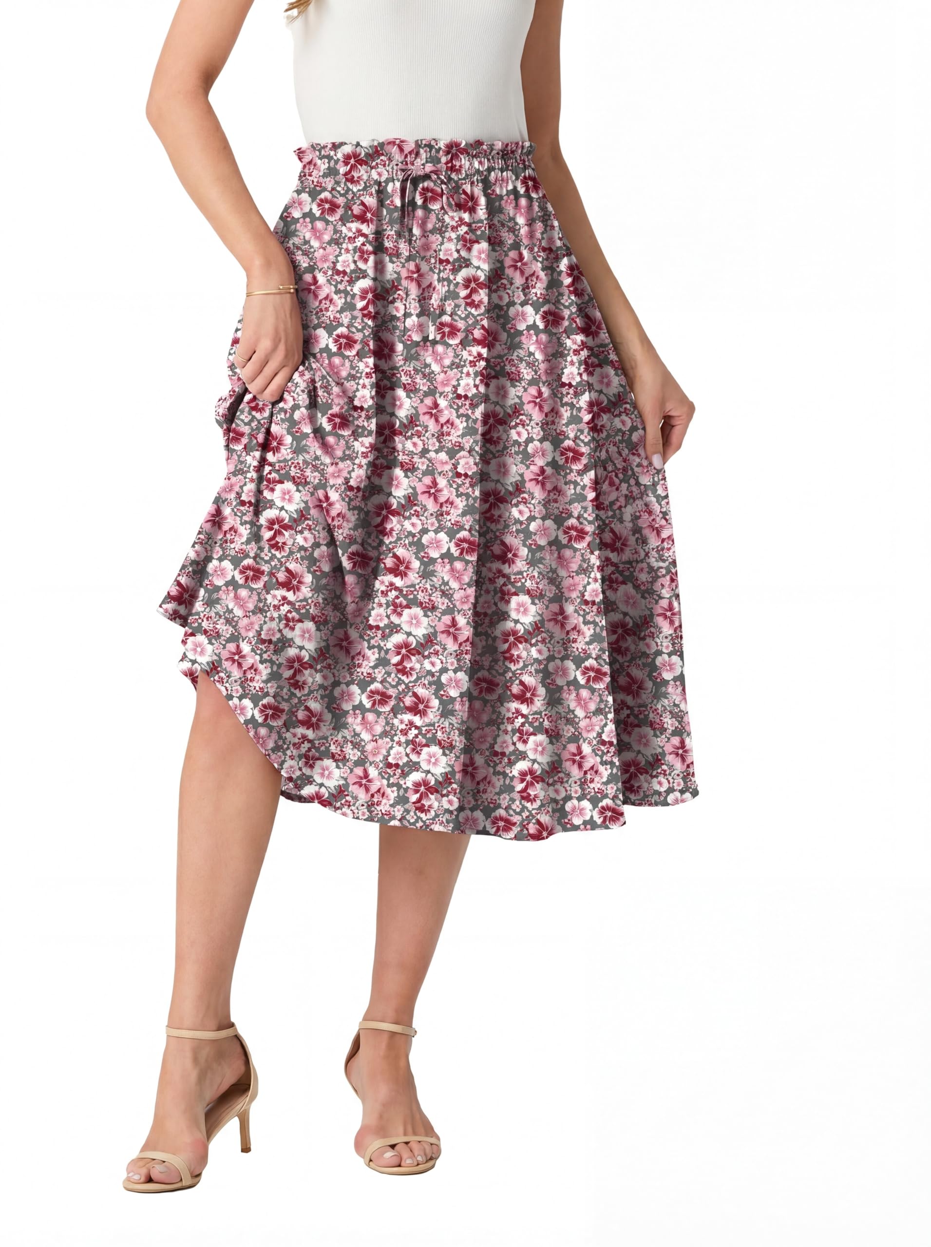 GRECERELLE Faldas midi de verano para mujer, estilo bohemio, holgadas, informales, de cintura alta, acampanadas, con bolsillos y cinturón ajustable