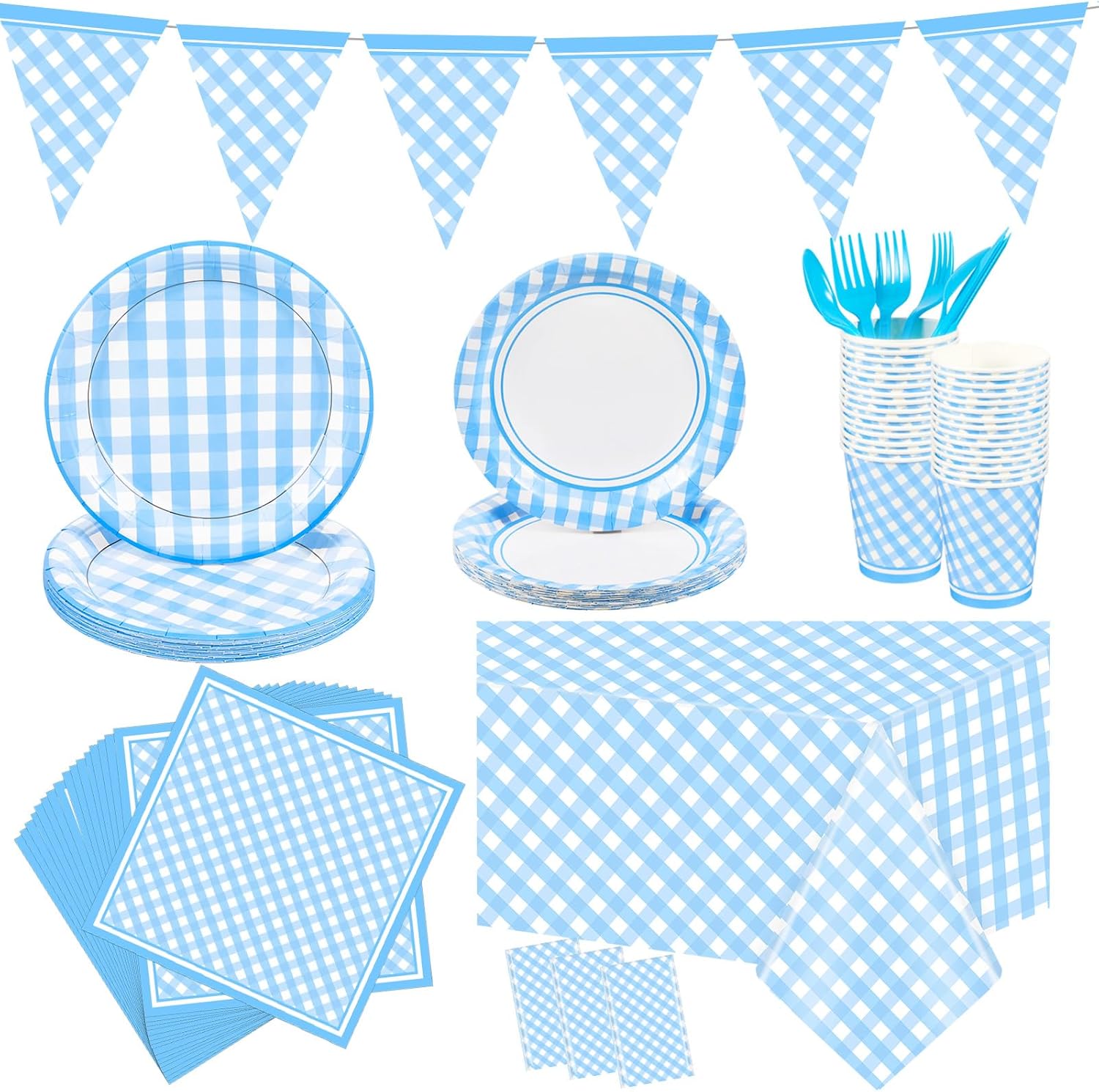 Preboun 198 Pcs Gingham Party Supplies for 24 Guests Checkered Plaid Tablecloth Pennant Banner Plate Cup Napkin and Cutlery for Picnic BBQ Birthday Baby Shower Party(Light Yellow, White)