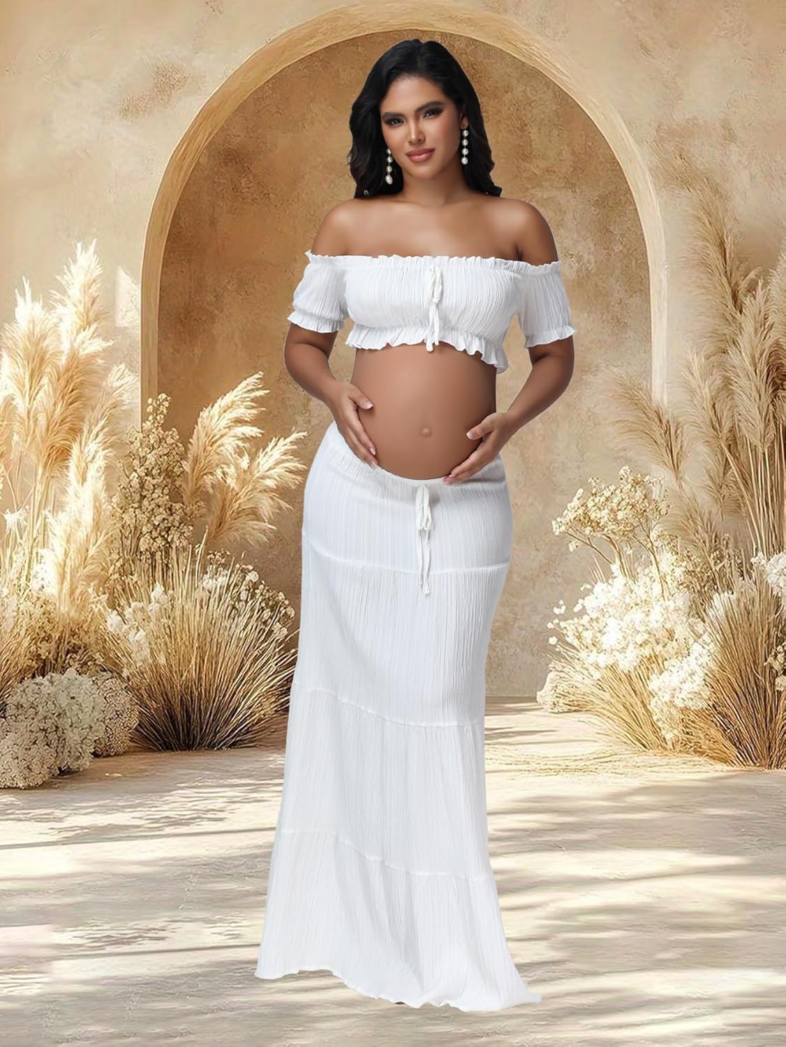 JustVH Maternity 2 Piece Outfits Dress Boho Off Shoulder Ruffle Tube Top Flowy Long Skirt for Photoshoot Baby Shower