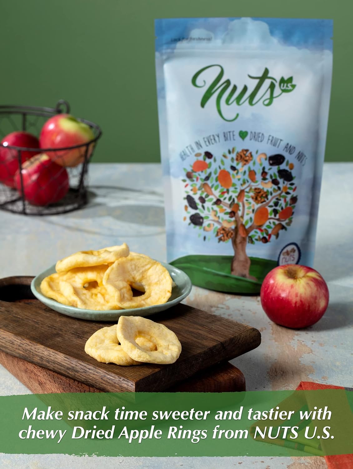 NUTS U.S. - Dried Apple Rings | No Added Sugar | No Artificial Color | Chewy Texture | NON-GMO | Juicy and Natural | Packed in a Resealable Bag (3 LBS)