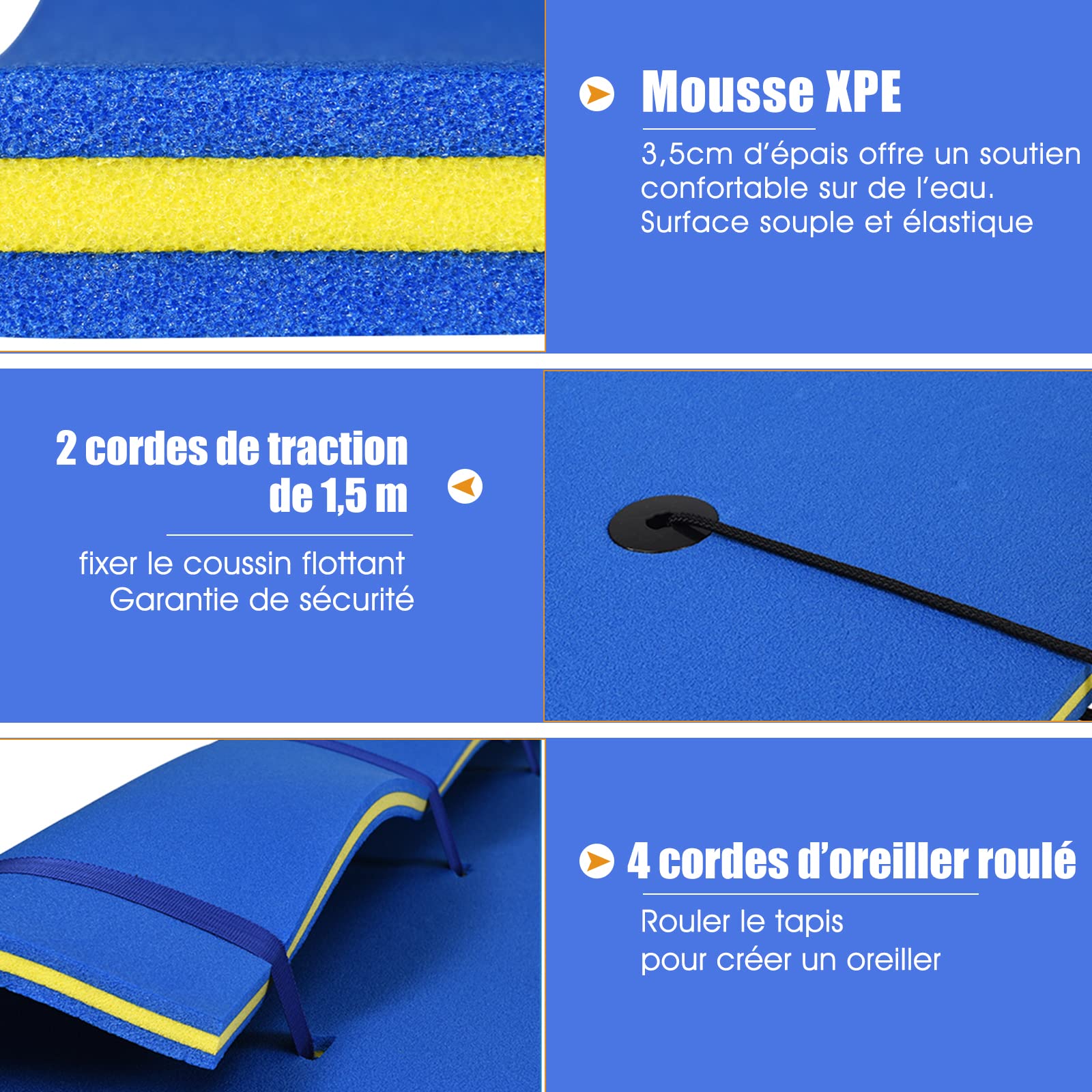 RELAX4LIFE Tapis Flottant Piscine en Mousse XPE 270x180cm pour Piscine Plage Lac, Hamac Flottant Piscine avec Oreiller Roulé pour Sports Nautiques, Bronzage d’Eté, Charge 300kg(Bleu XL)
