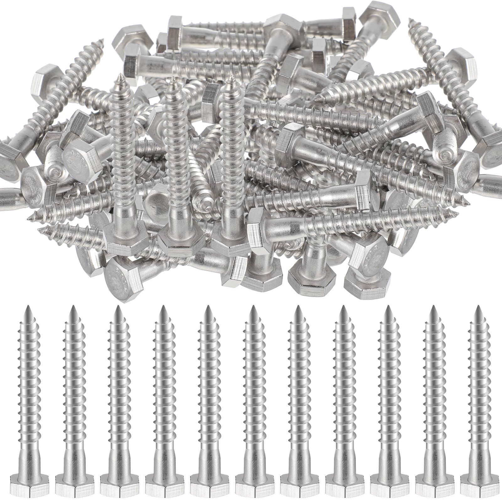 Zonon 100 Pcs 1/4" x 2" Hex Head Lag Screws 304 Stainless Steel Lag Bolts Heavy Duty Lag Screws Hexagon Head Wood Screws