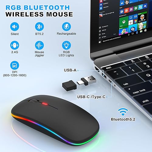 Miniatura 2 de Mouse inalámbrico Bluetooth para MacBook Air Mac Pro iPad, mouse silencioso recargable LED con receptor USB-AUSB-C de 2.4 GHz y mouse jiggler,